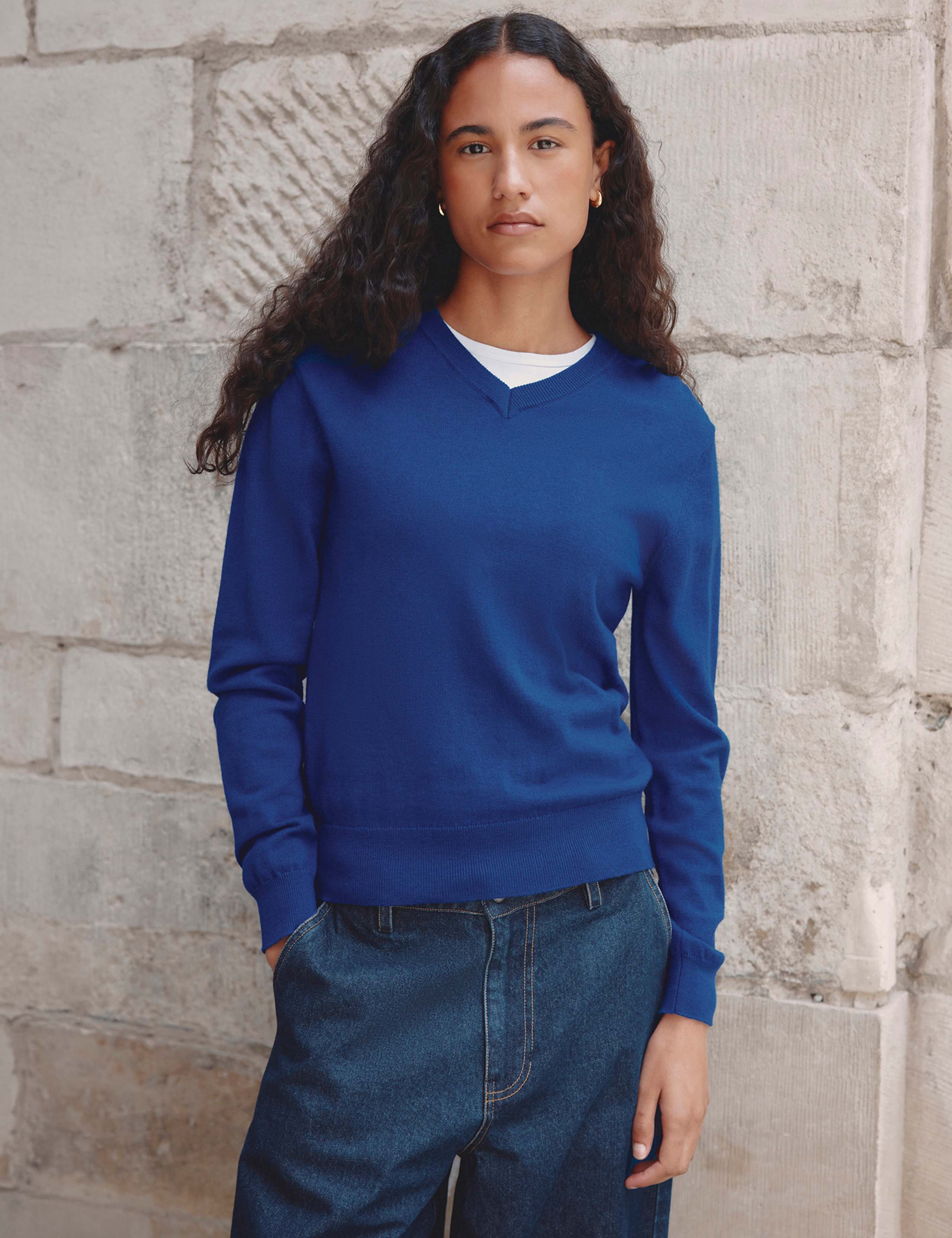 Cotton Blend V-Neck Jumper with Wool