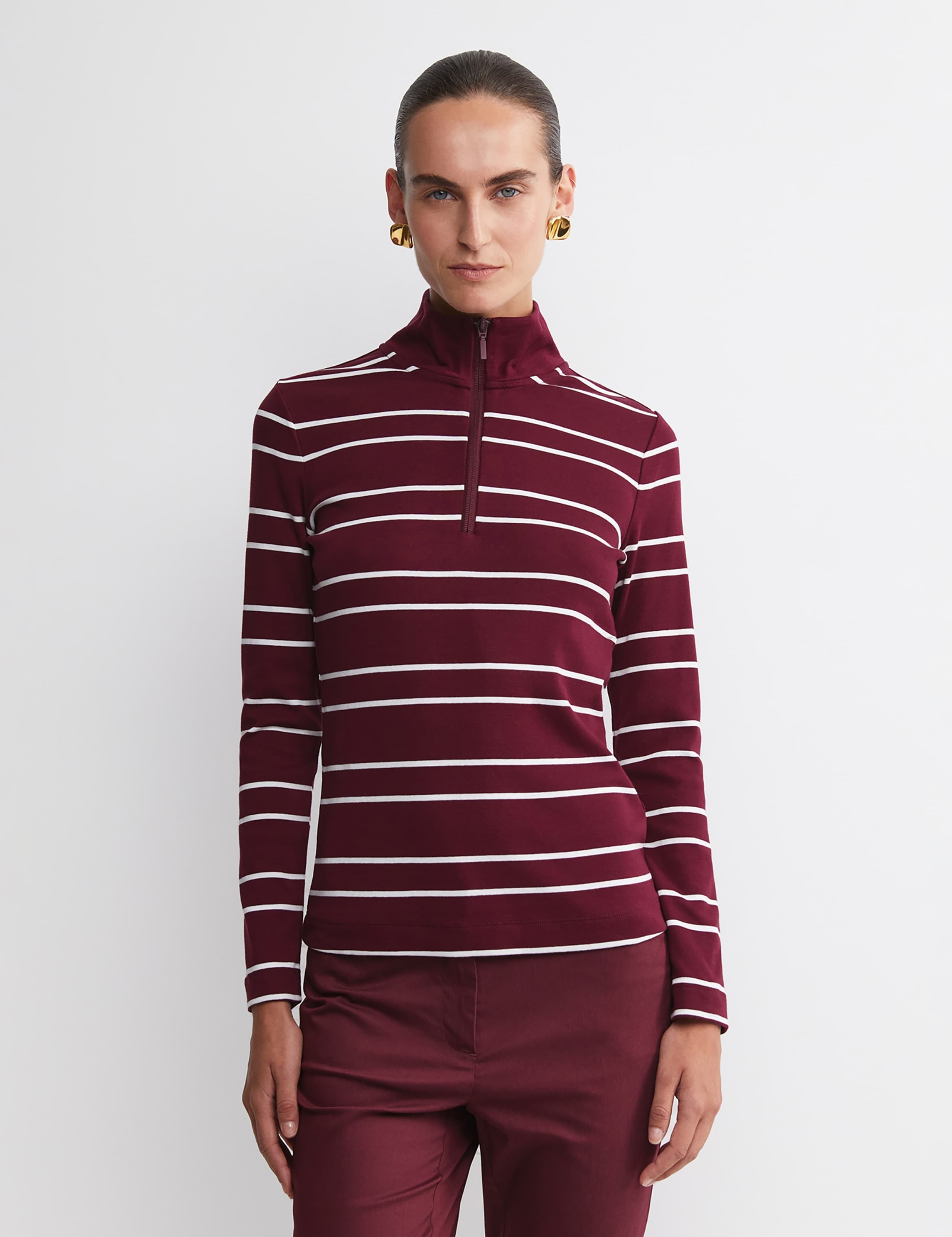 Pure Cotton Striped Funnel Neck Half Zip Top