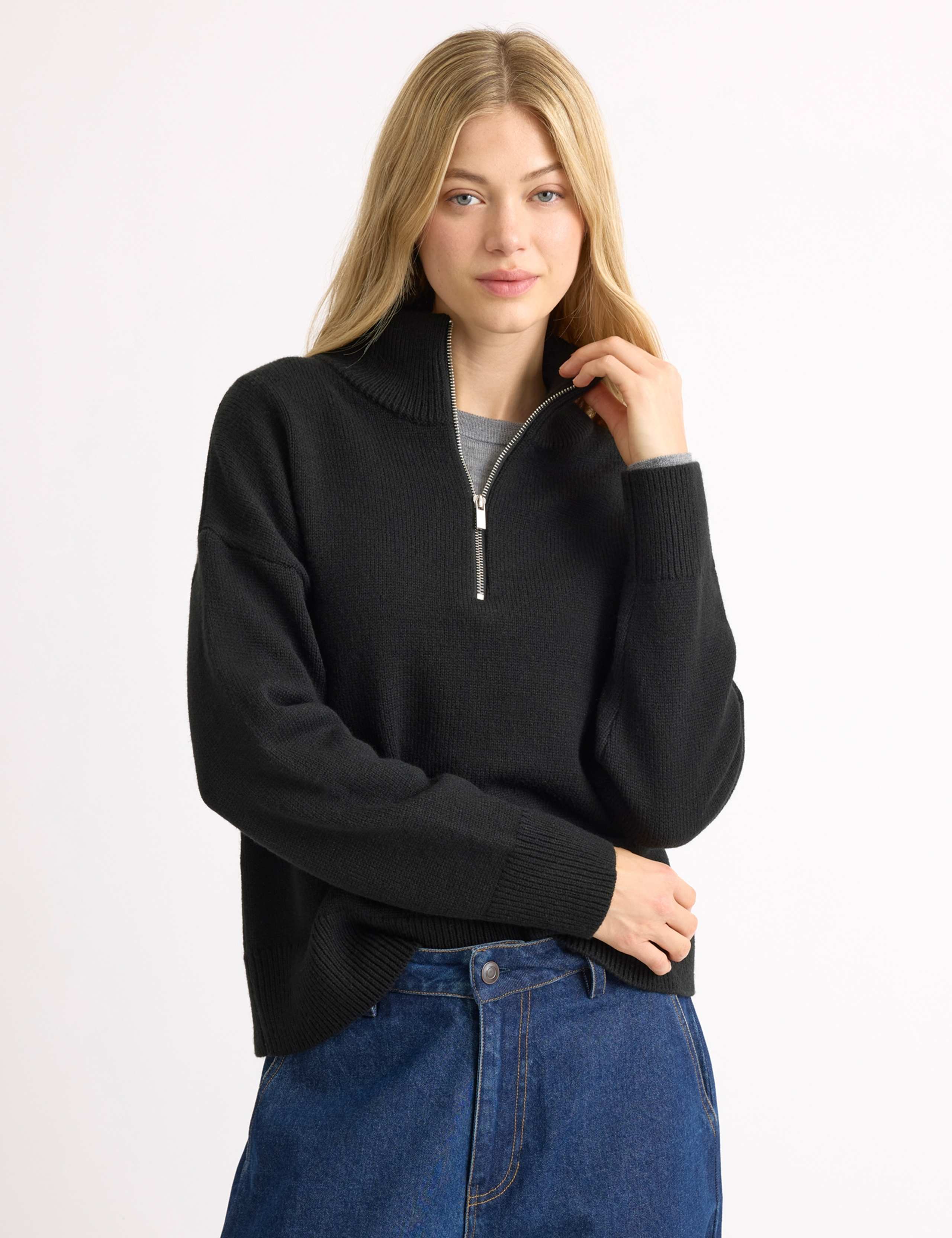Funnel Neck Half Zip Jumper with Wool