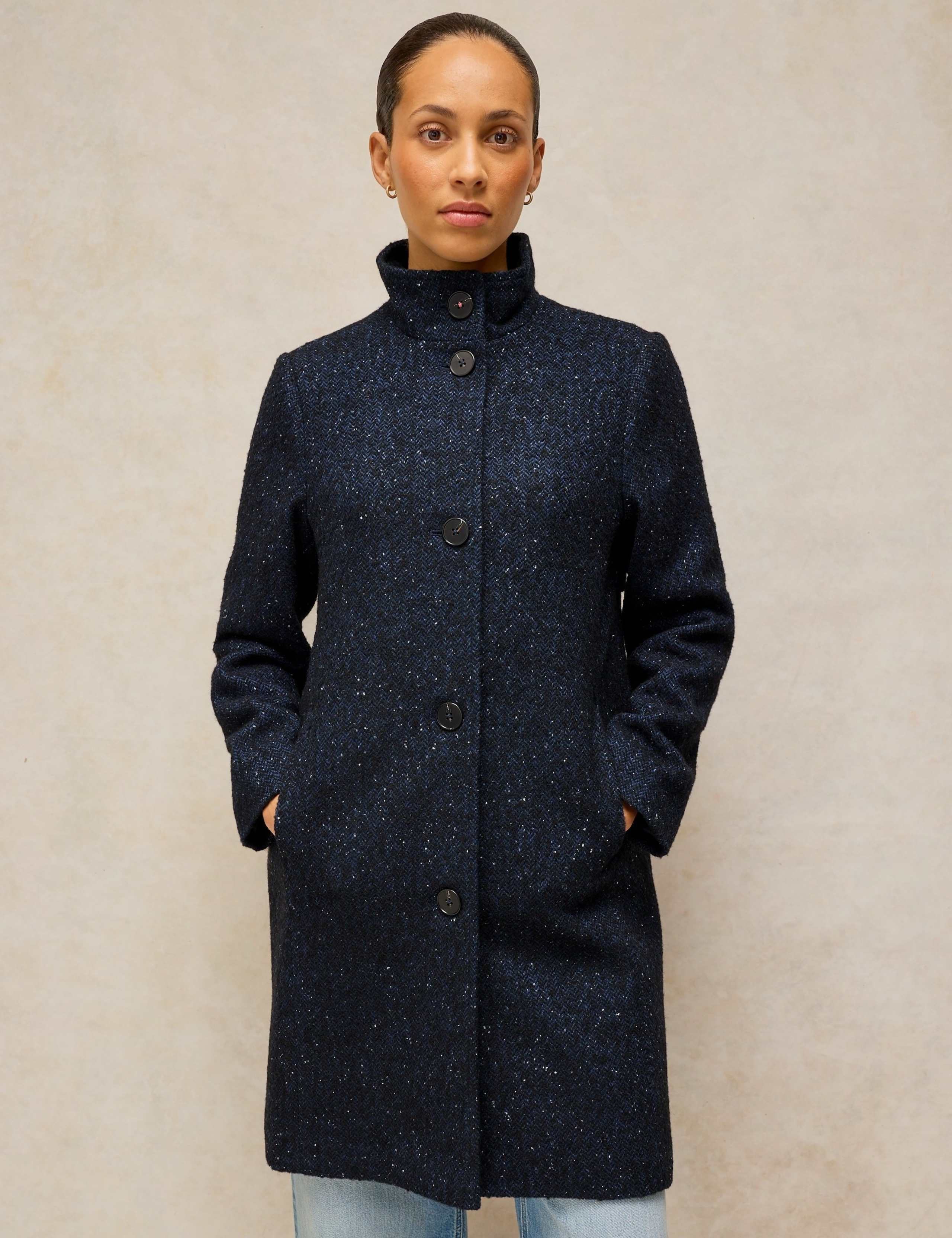 Tweed Funnel Neck Overcoat with Wool