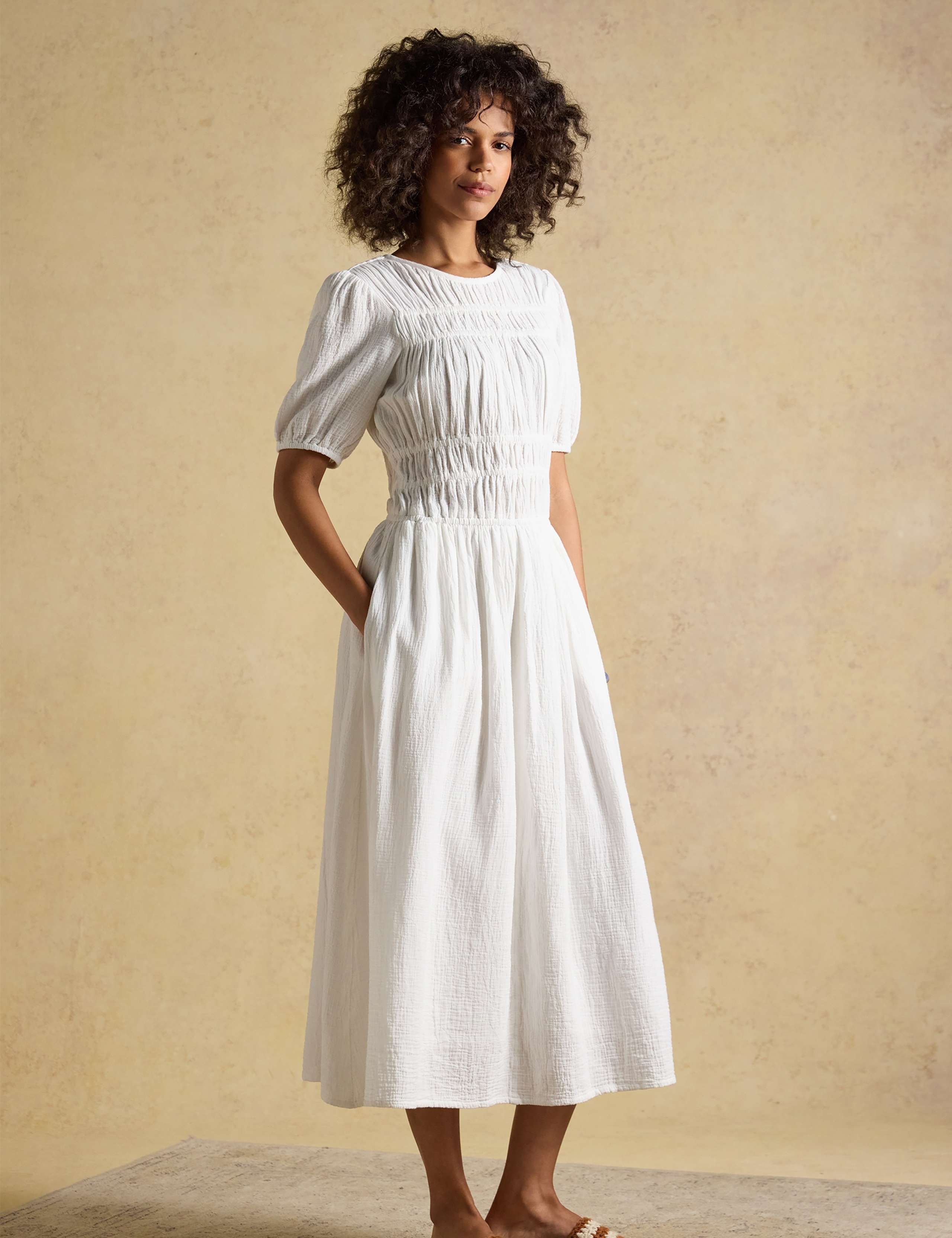 Pure Cotton Double Cloth Midi Shirred Dress