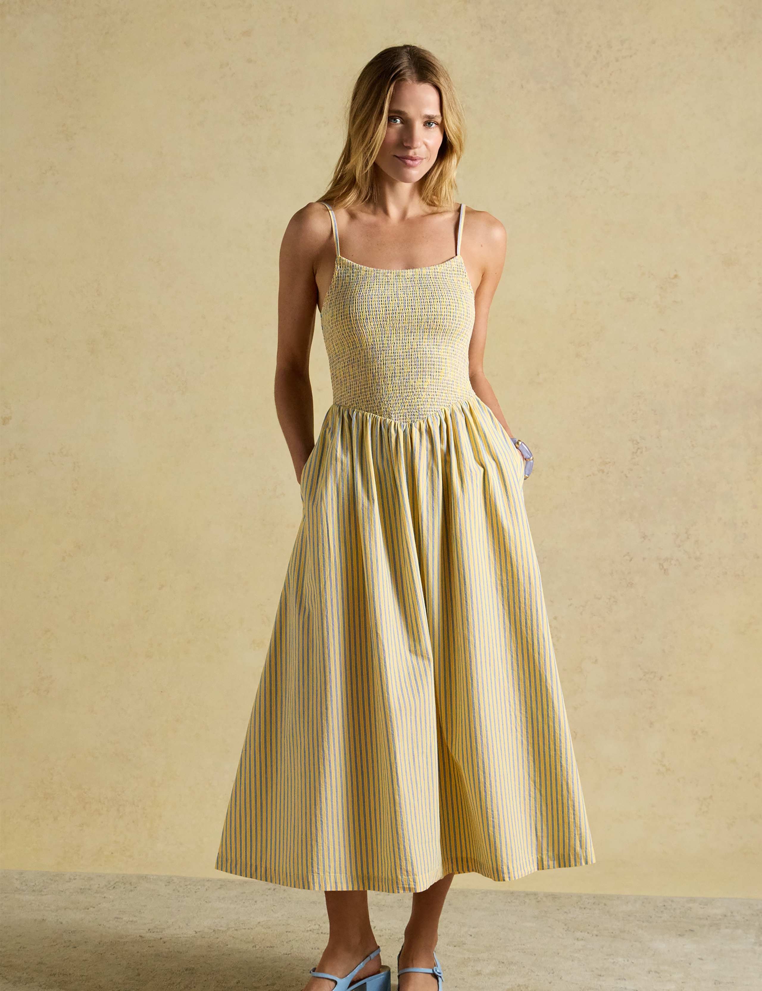 Pure Cotton Striped Midi Shirred Dress