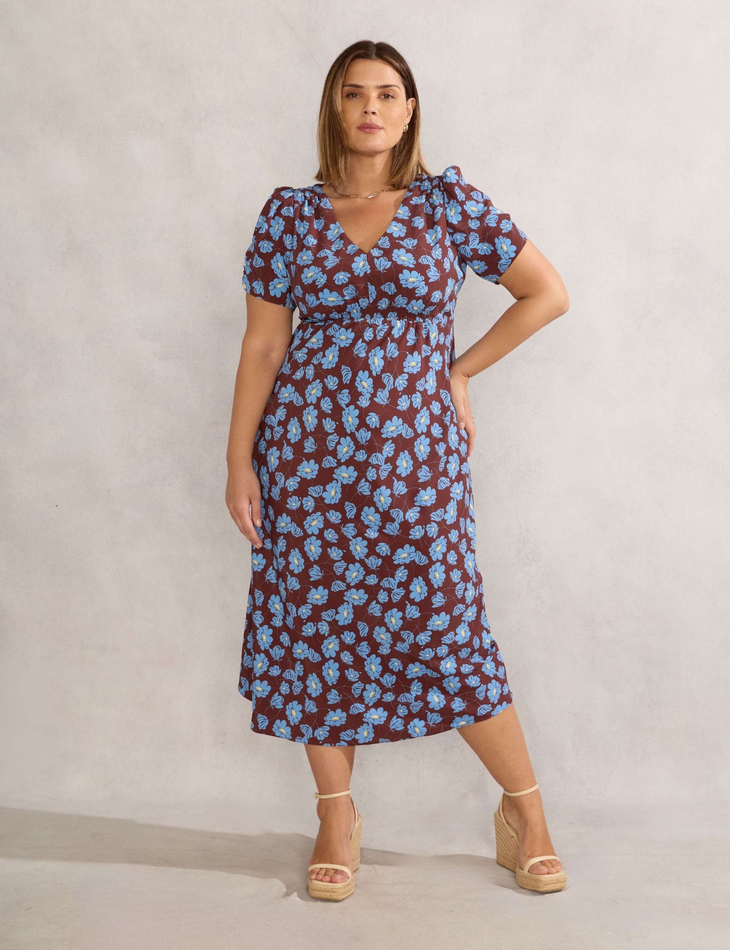 Floral V-Neck Shirred Midi Tea Dress