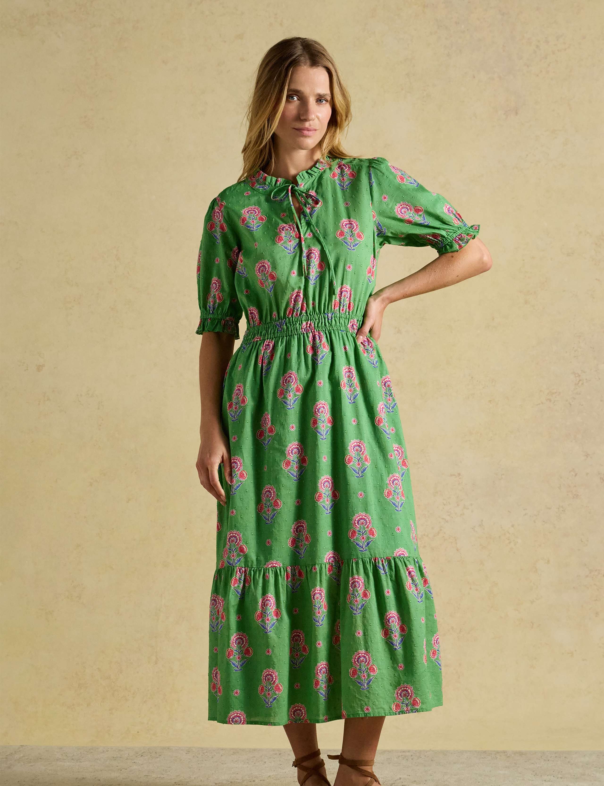 Pure Cotton Floral Tie Neck Midi Dress
