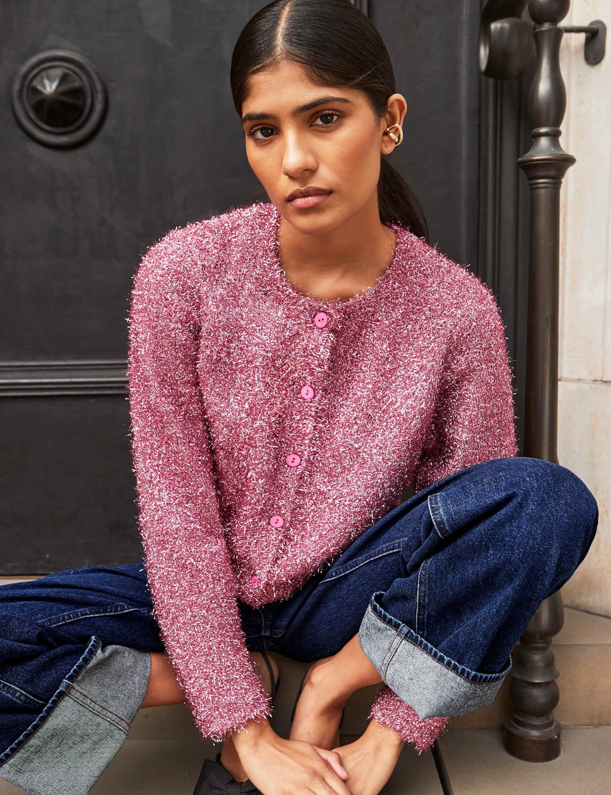 Sparkly Crew Neck Button Through Cardigan