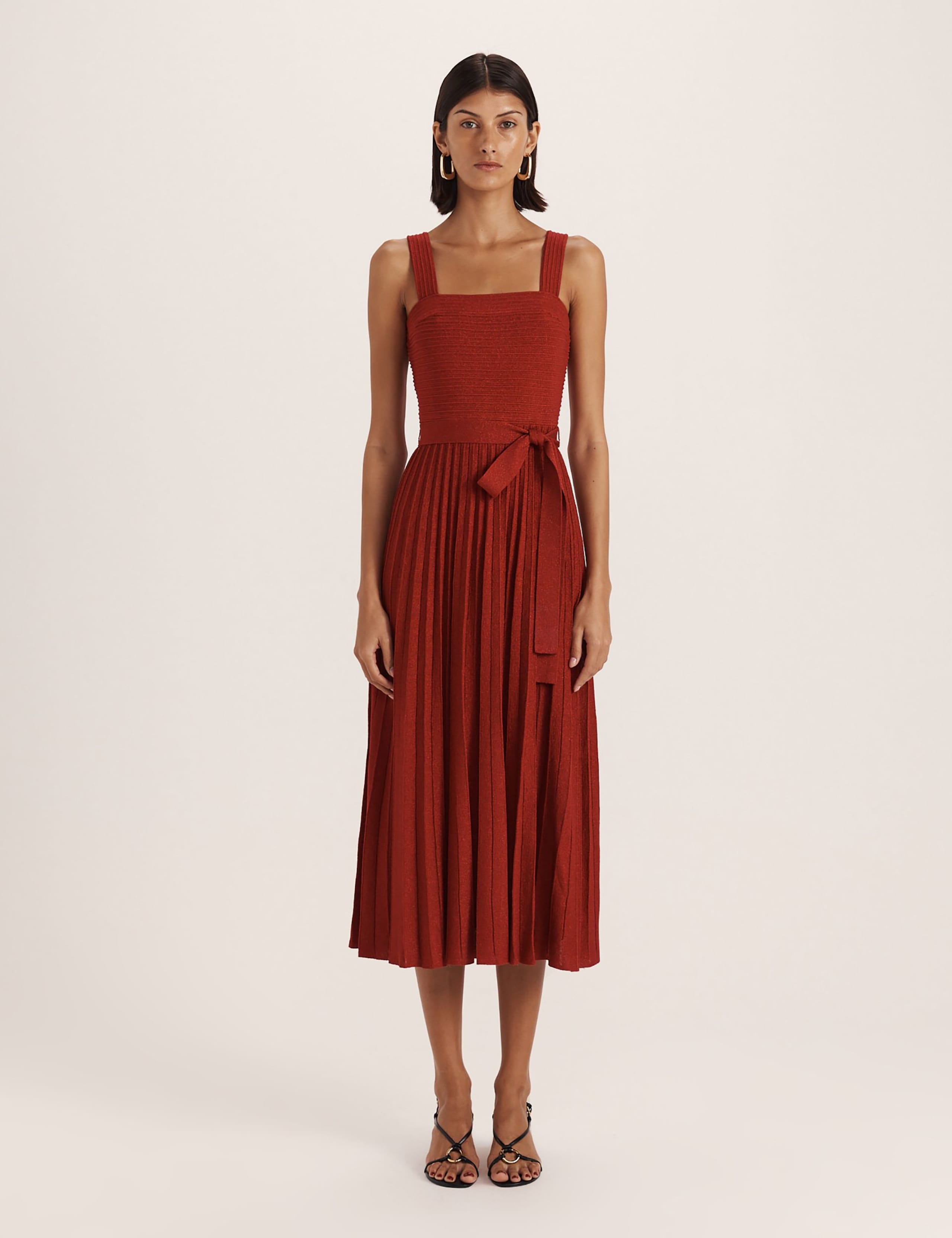 Sparkly Square Neck Belted Midi Skater Dress