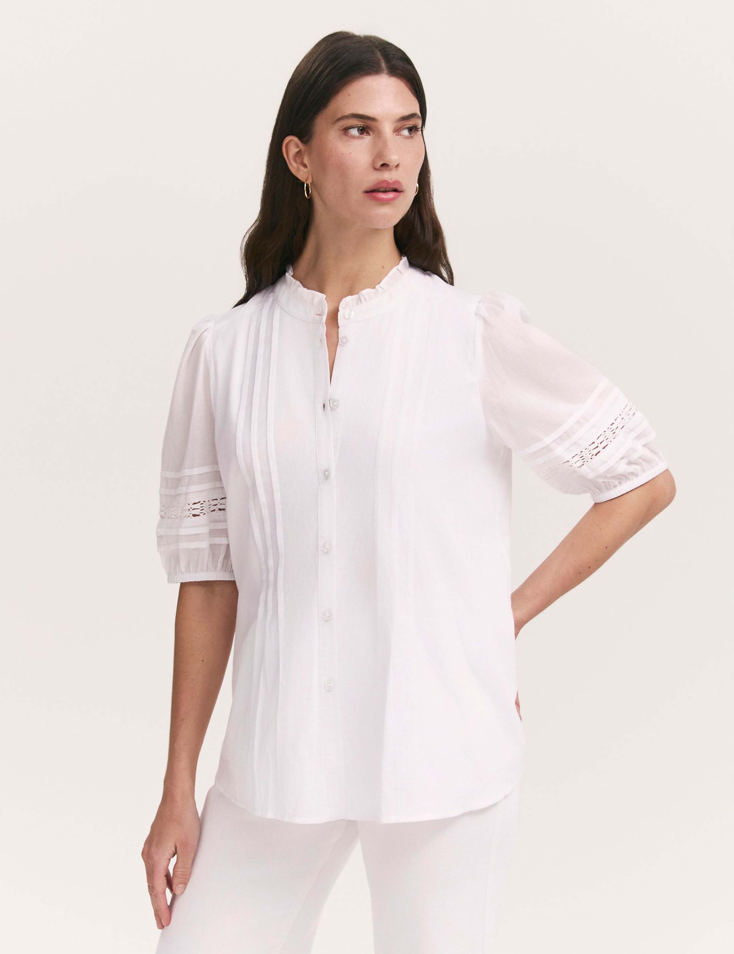 Pure Cotton Frill Neck Pleat Detail Blouse