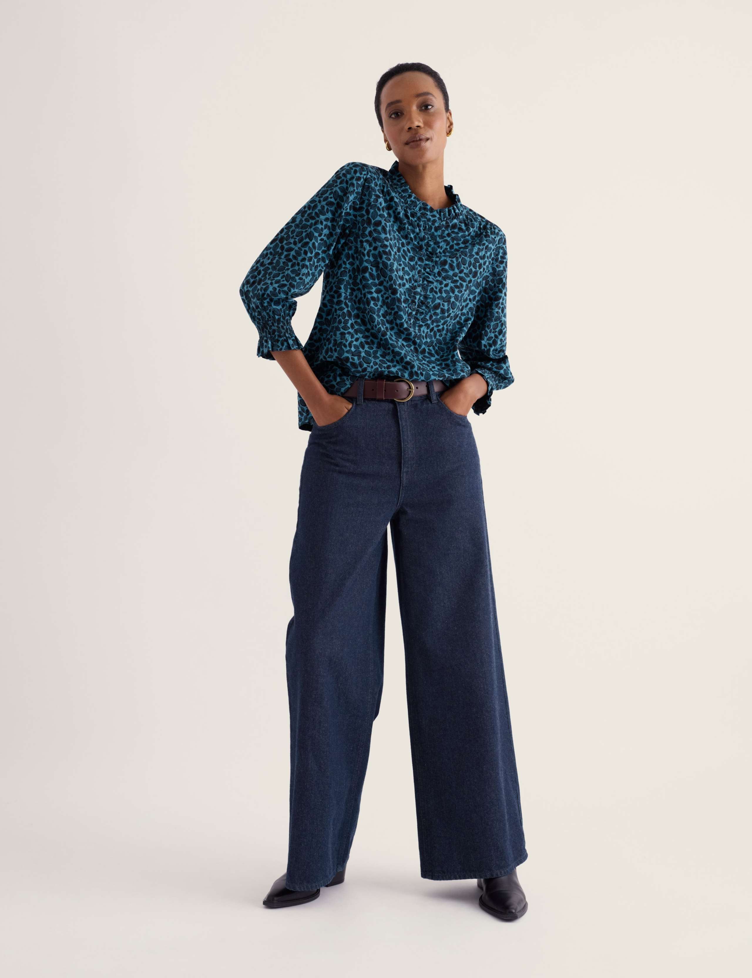 Cotton Rich Printed High Neck Relaxed Frill Detail Top
