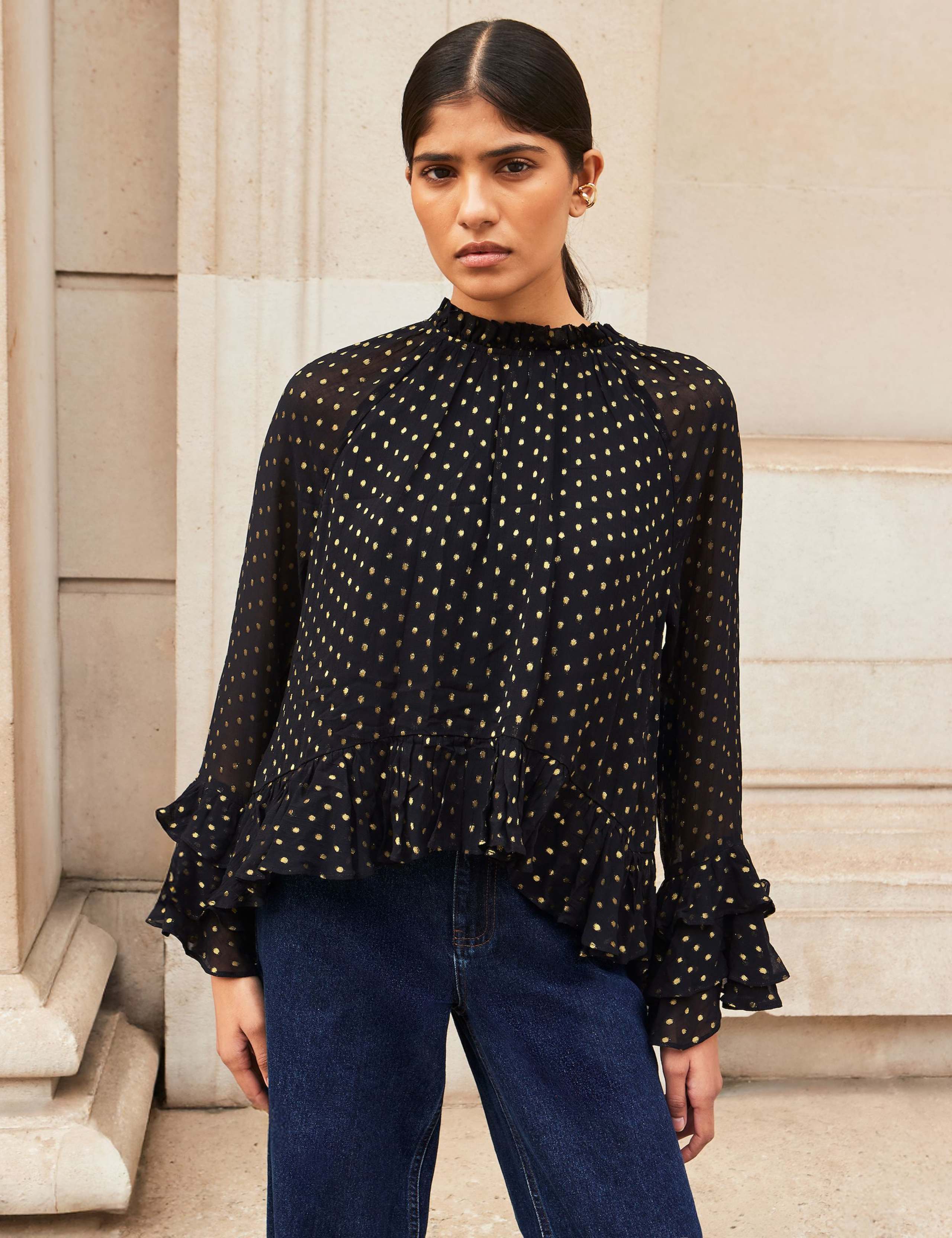 Polka Dot Foil Print Frill Sleeve Blouse