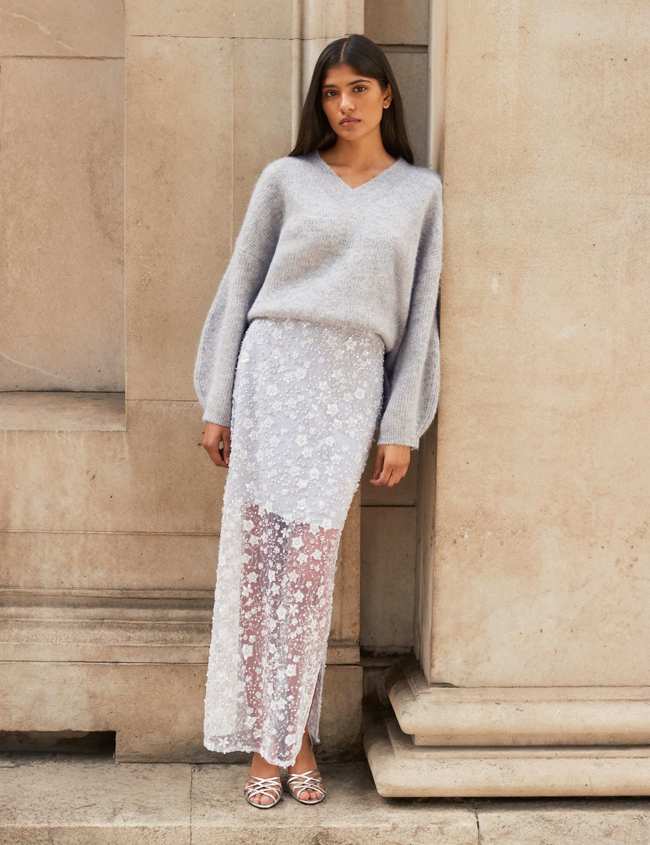 Sequin Floral Maxi Column Skirt