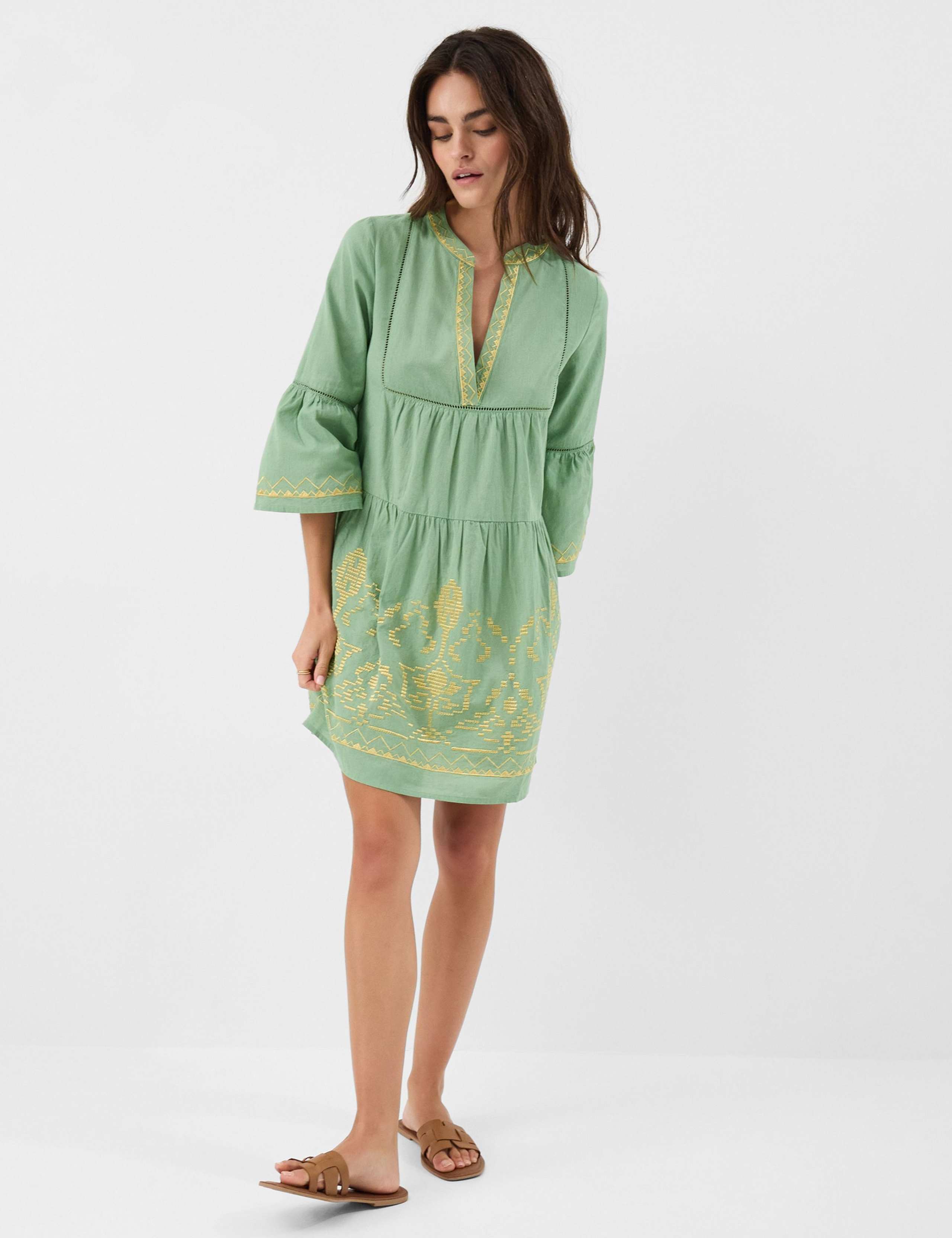Cotton Rich Embroidered Notch Neck Dress