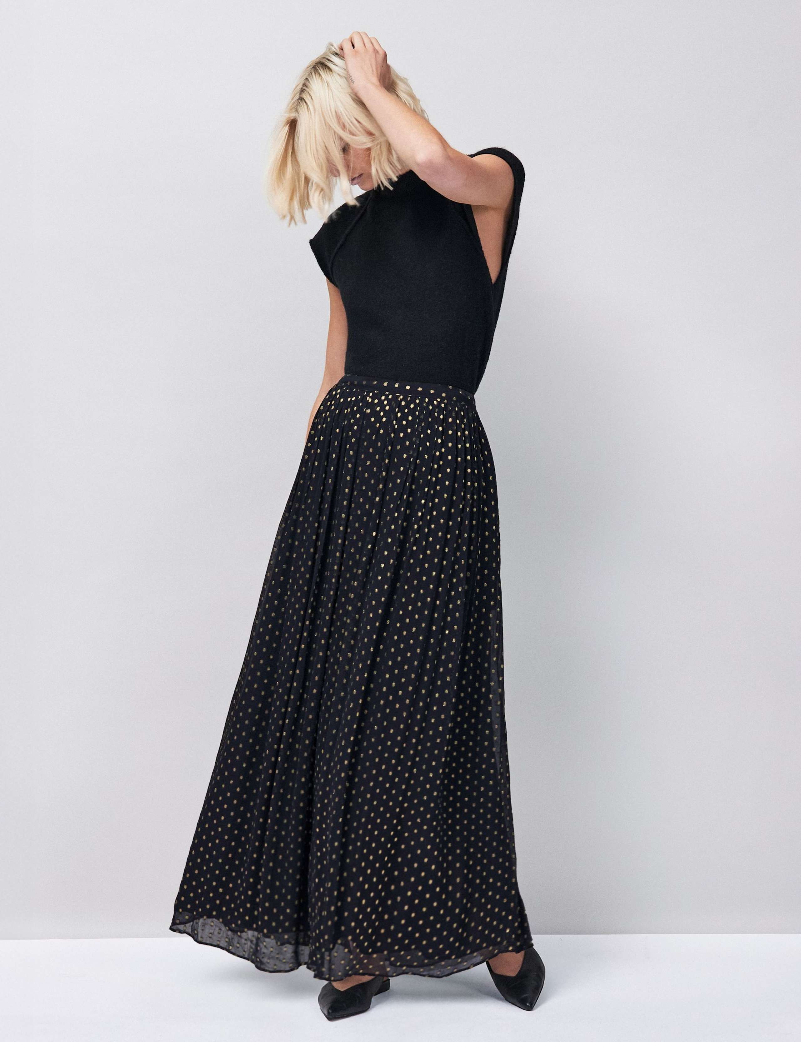 Polka Dot Foil Pleated Maxi Skirt