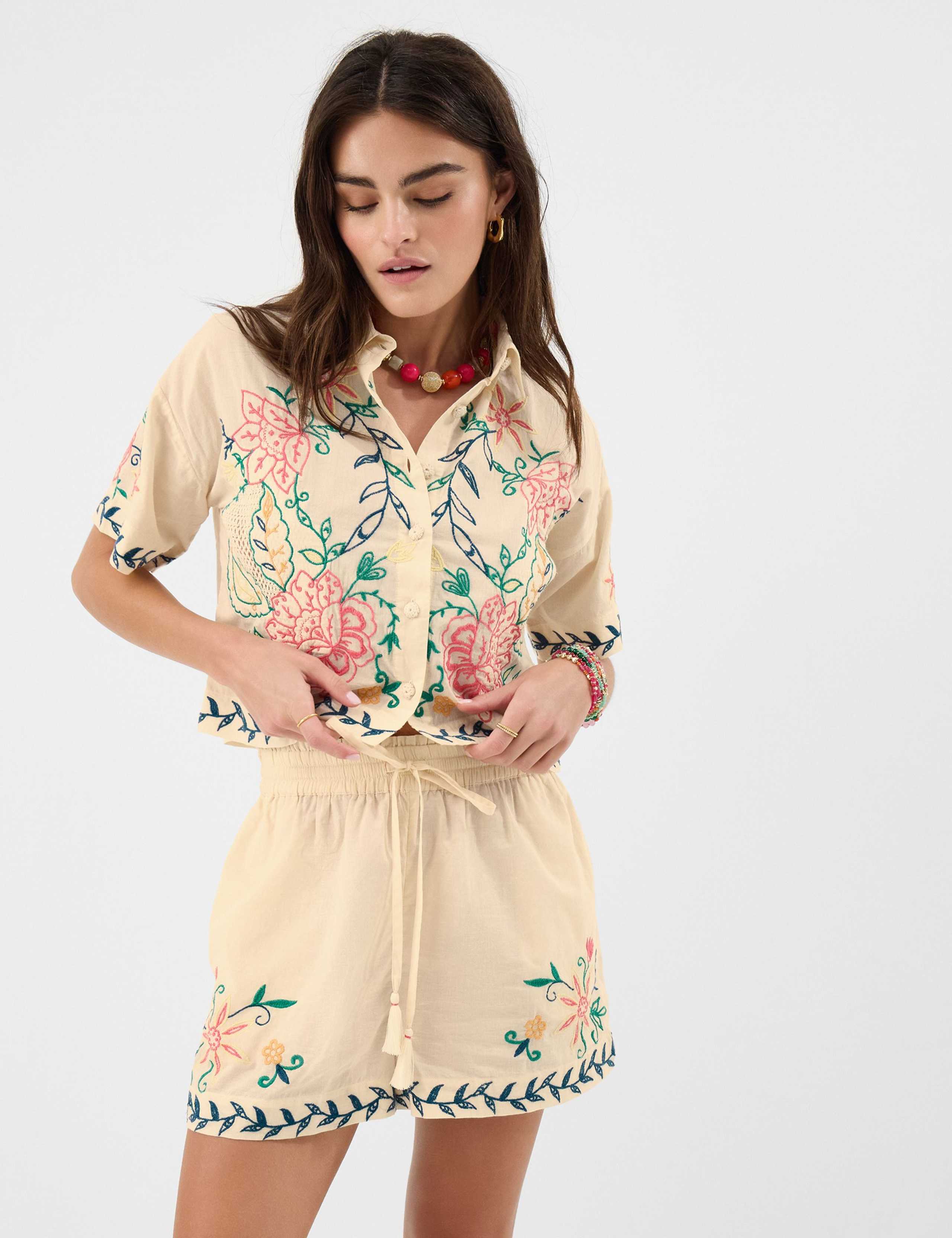 Pure Cotton Embroidered Drawstring Shorts