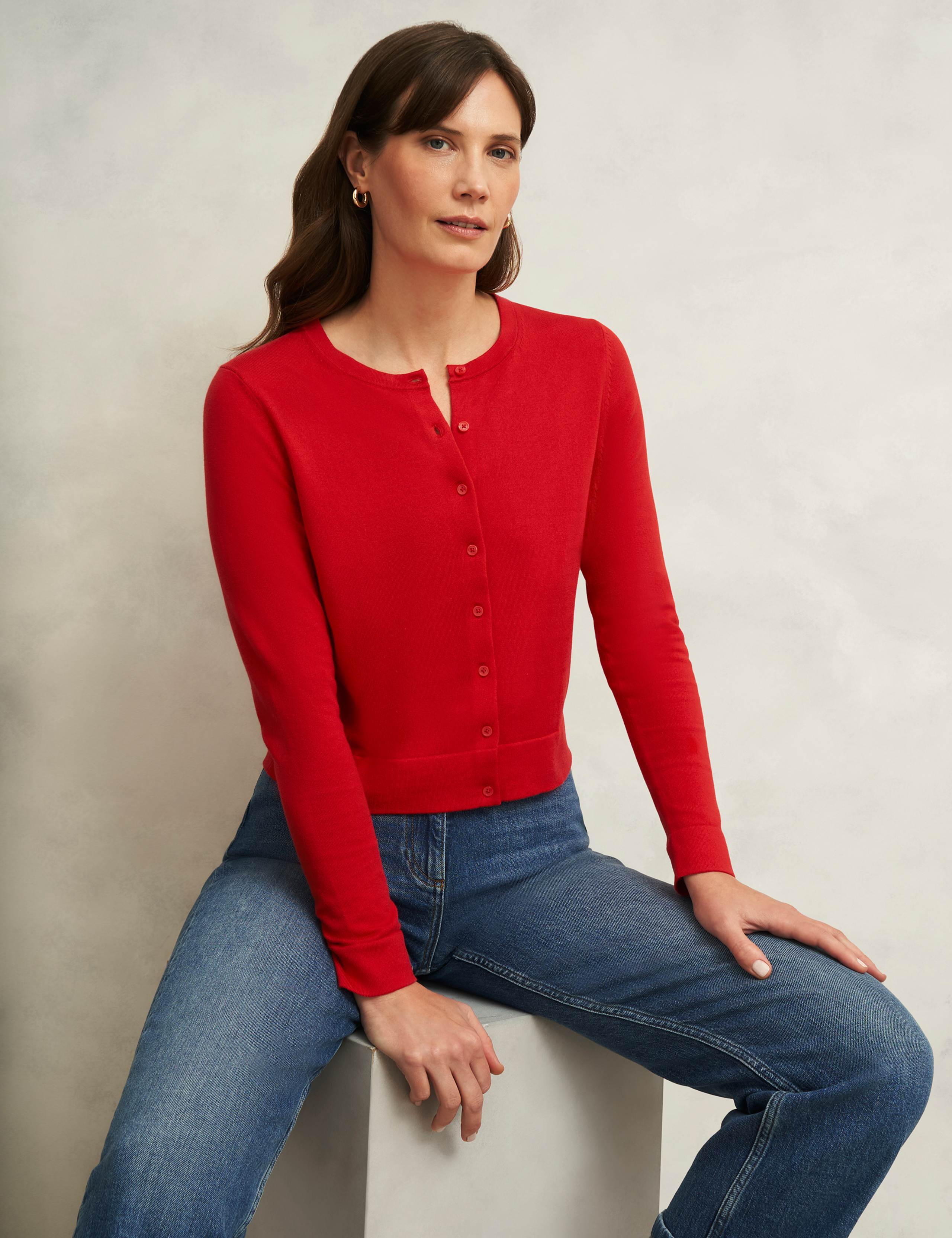 Cotton Rich Crew Neck Cropped Cardigan
