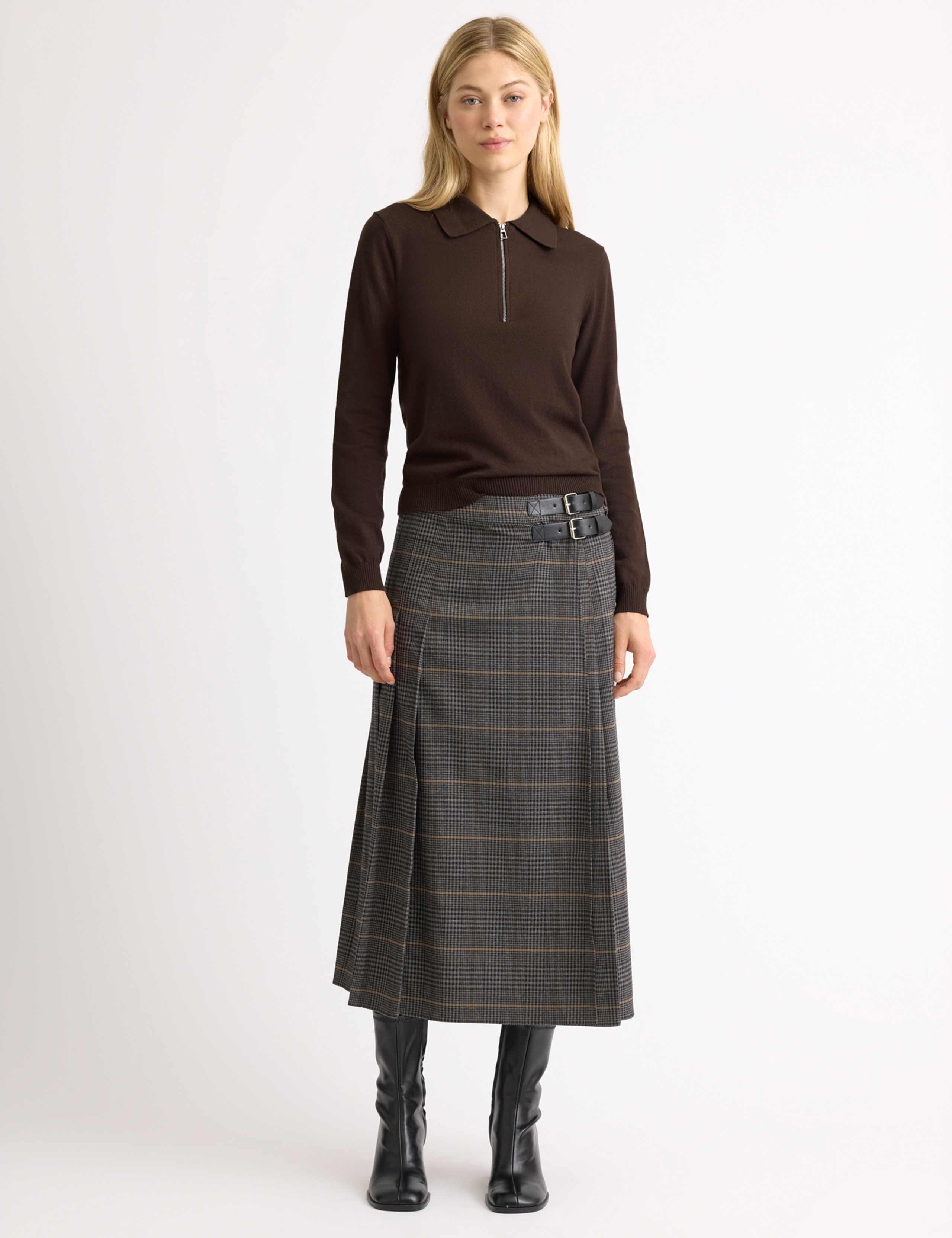 Checked Pleated Midi A-Line Skirt