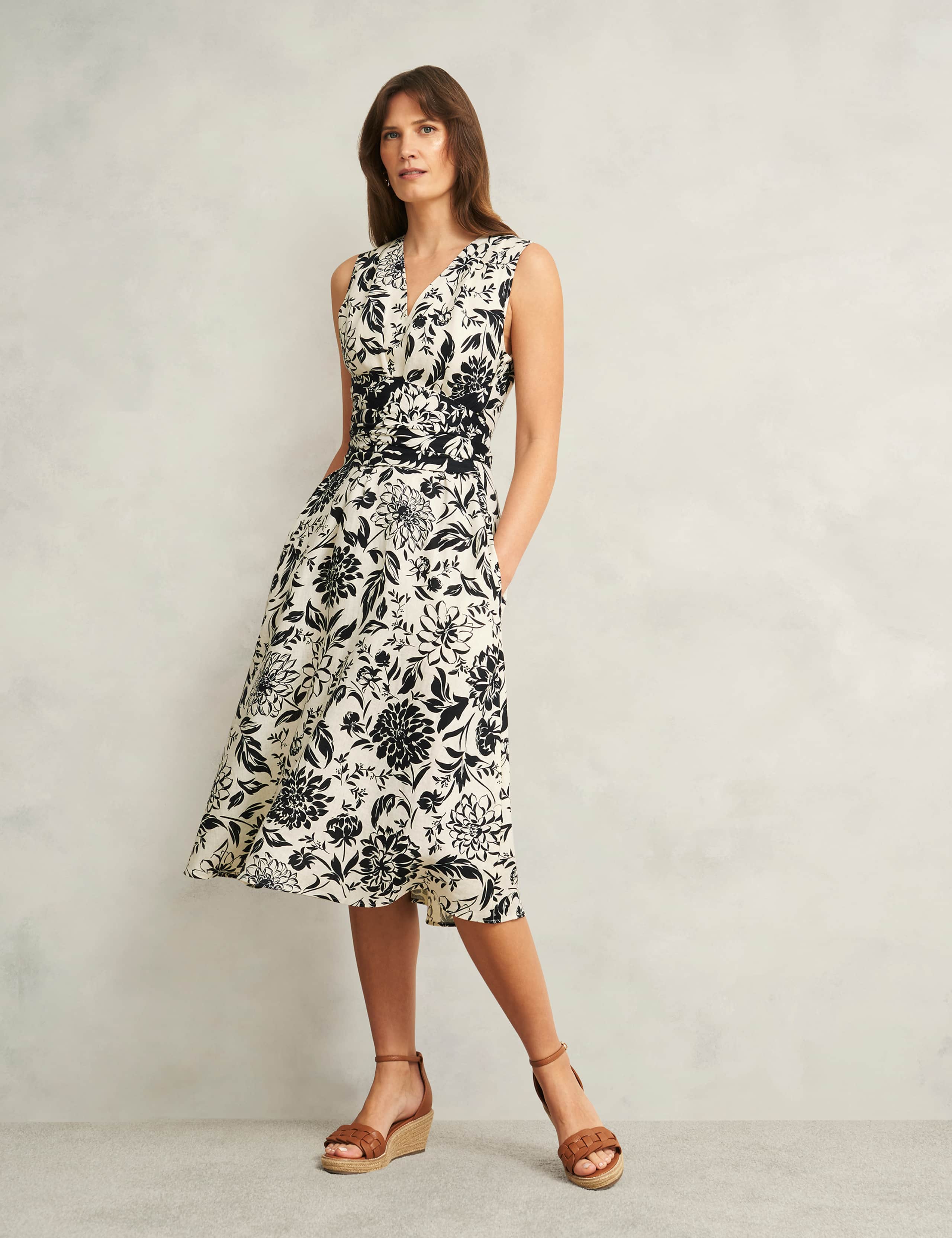 Pure Linen Floral V-Neck Midi Skater Dress