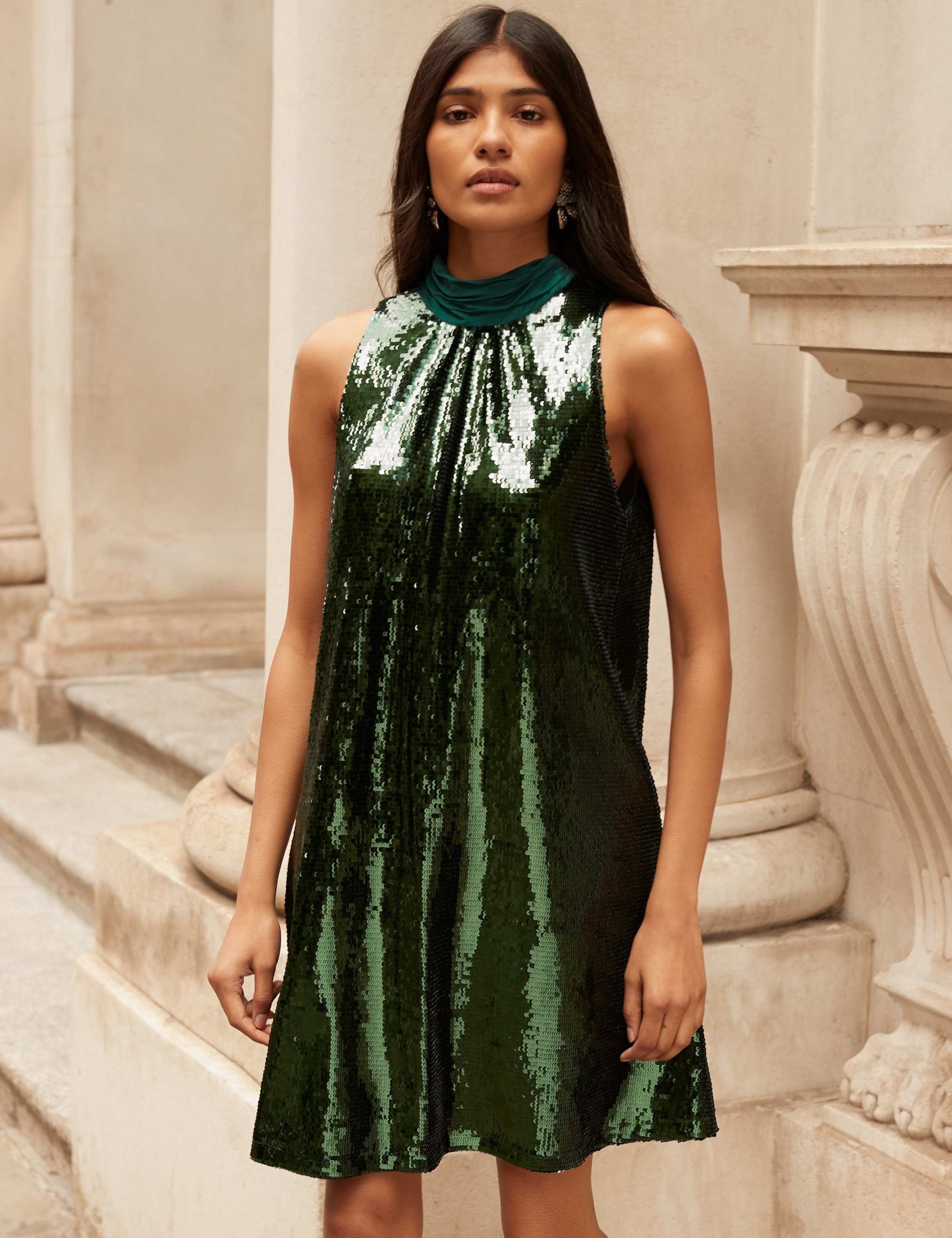 Sequin Halter Neck Mini Swing Dress