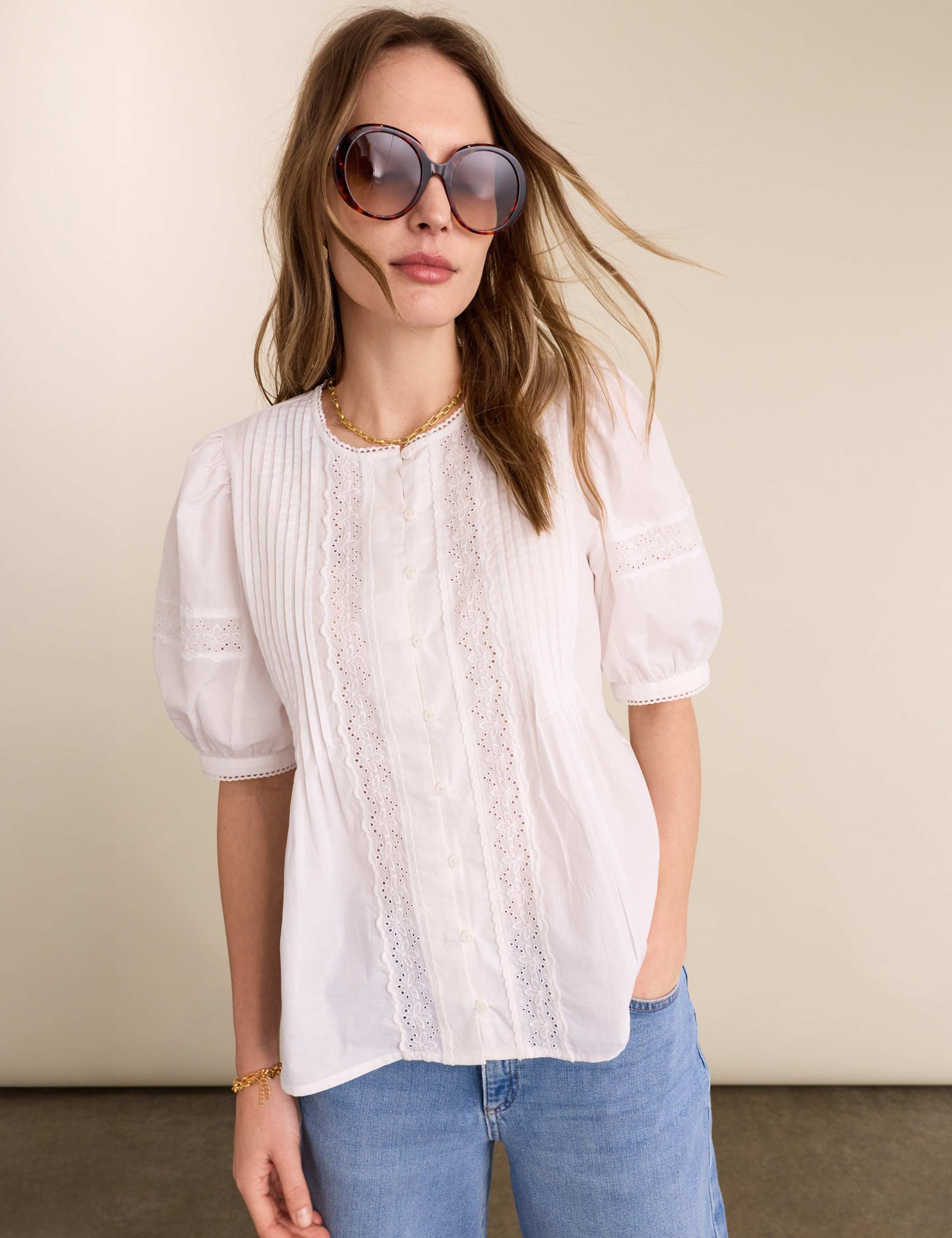 Pure Cotton Broderie Puff Sleeve Blouse