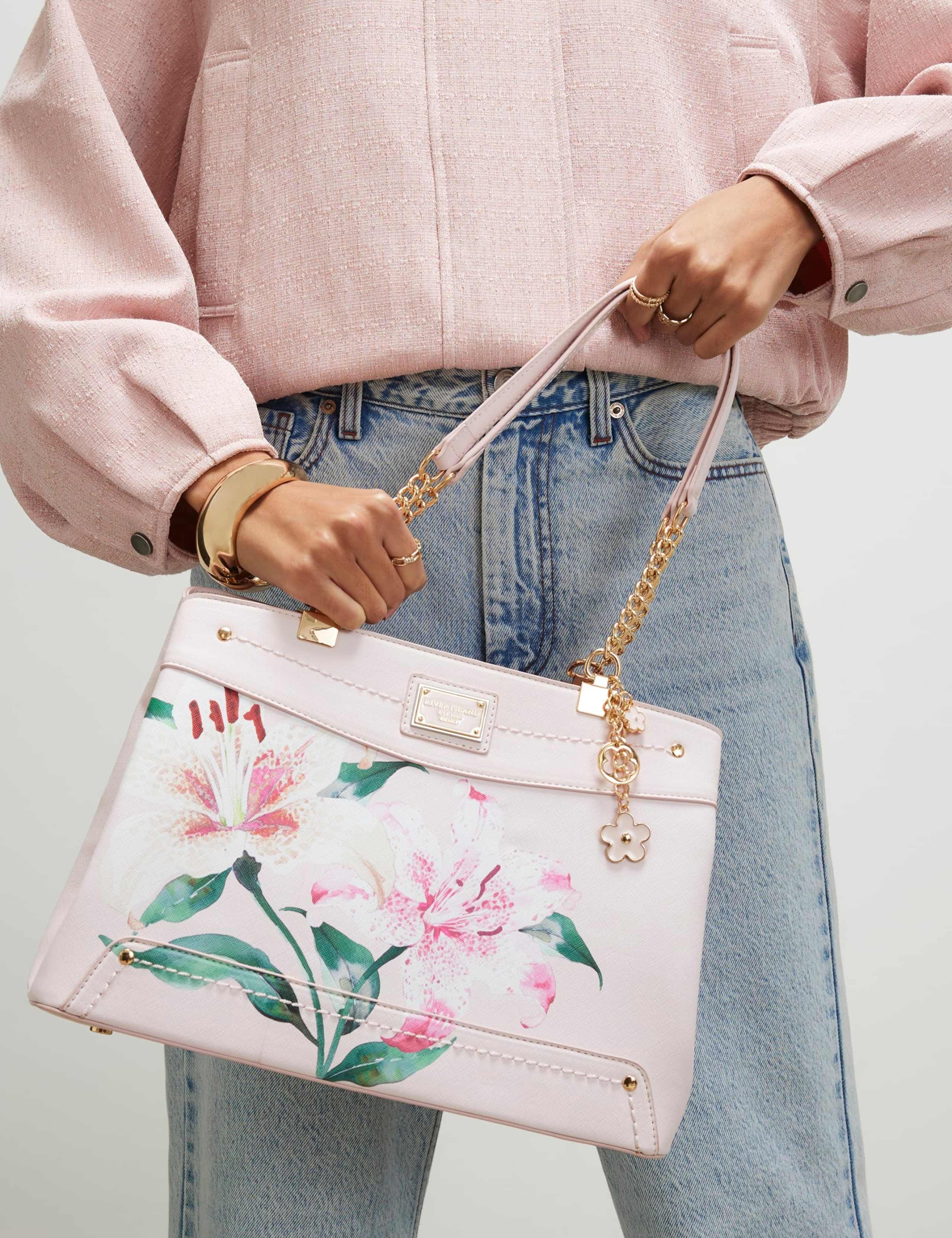 Faux Leather Floral Chain Handle Tote Bag