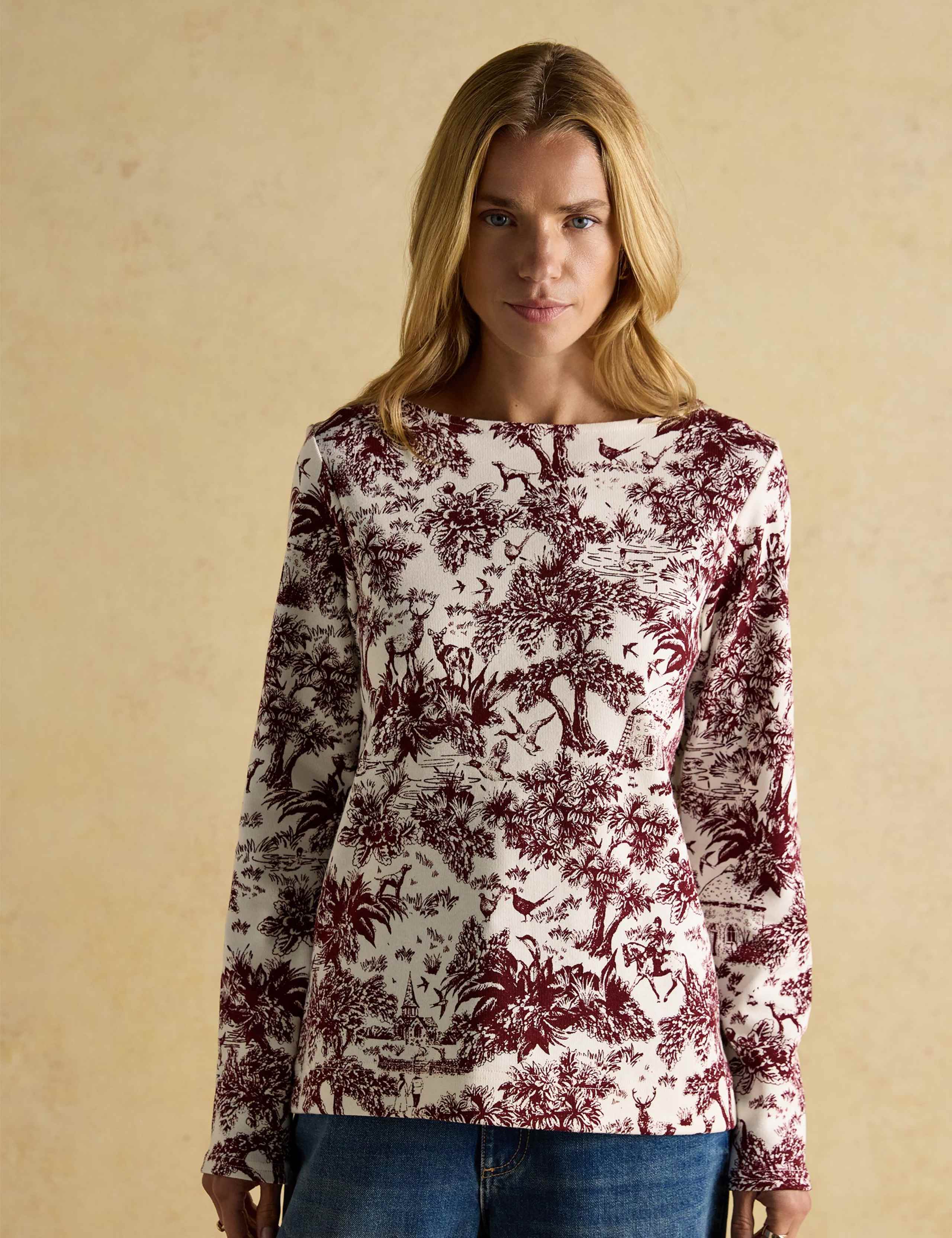 Pure Cotton Countryside Print Boat Neck Top