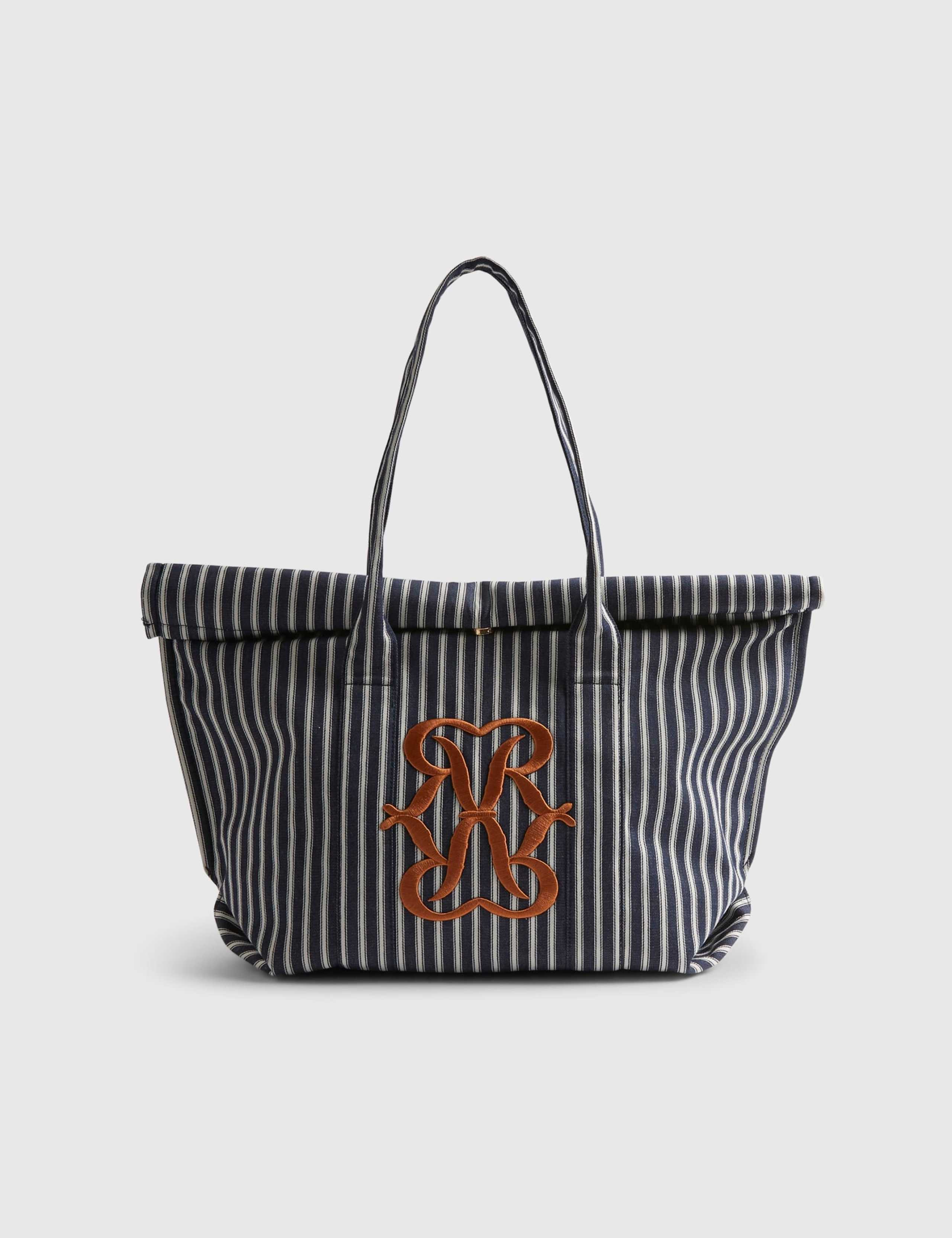 Striped Embroidered Roll Top Tote Bag