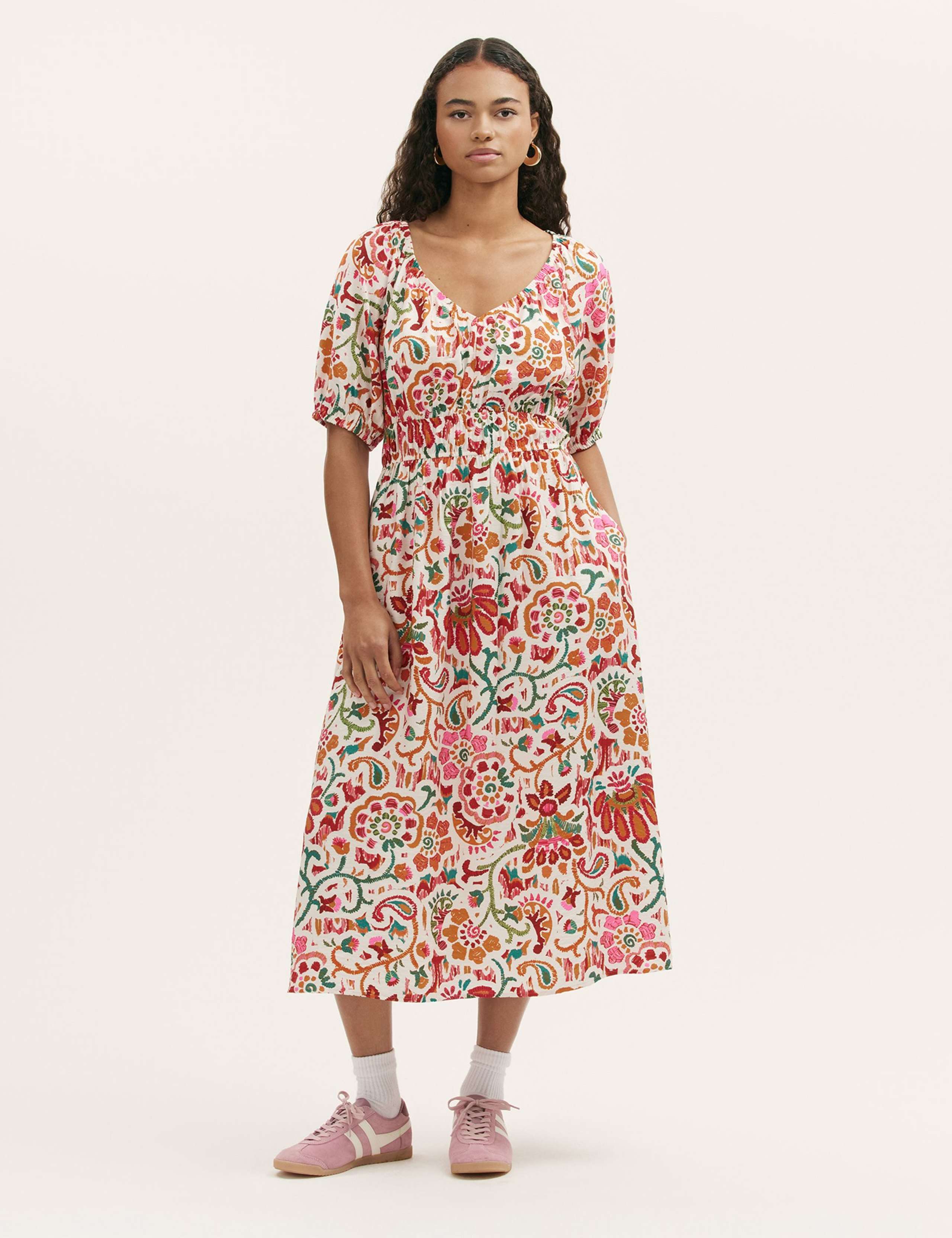 Floral V-Neck Midi Waisted Dress