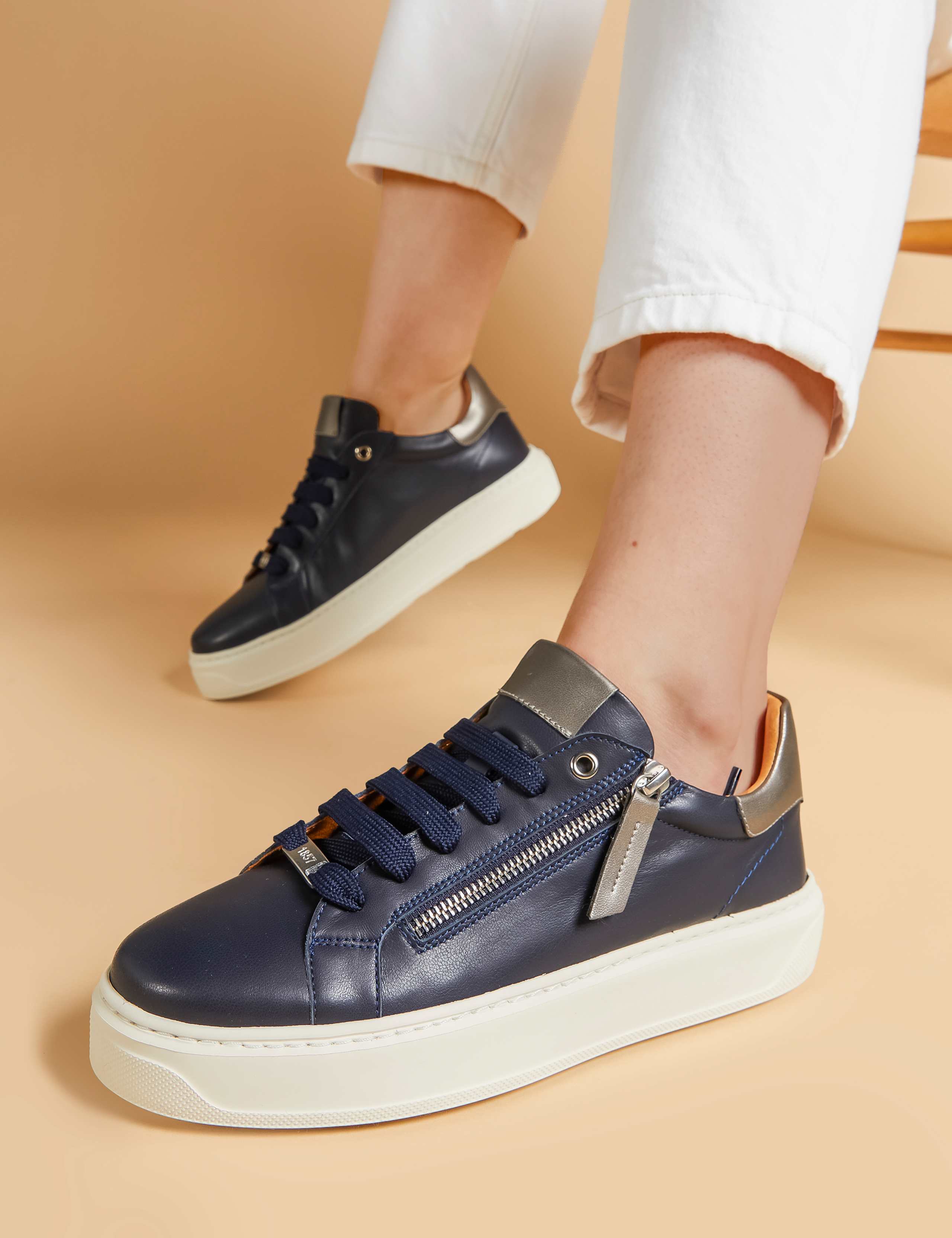 Leather Metallic Zip Chunky Trainers