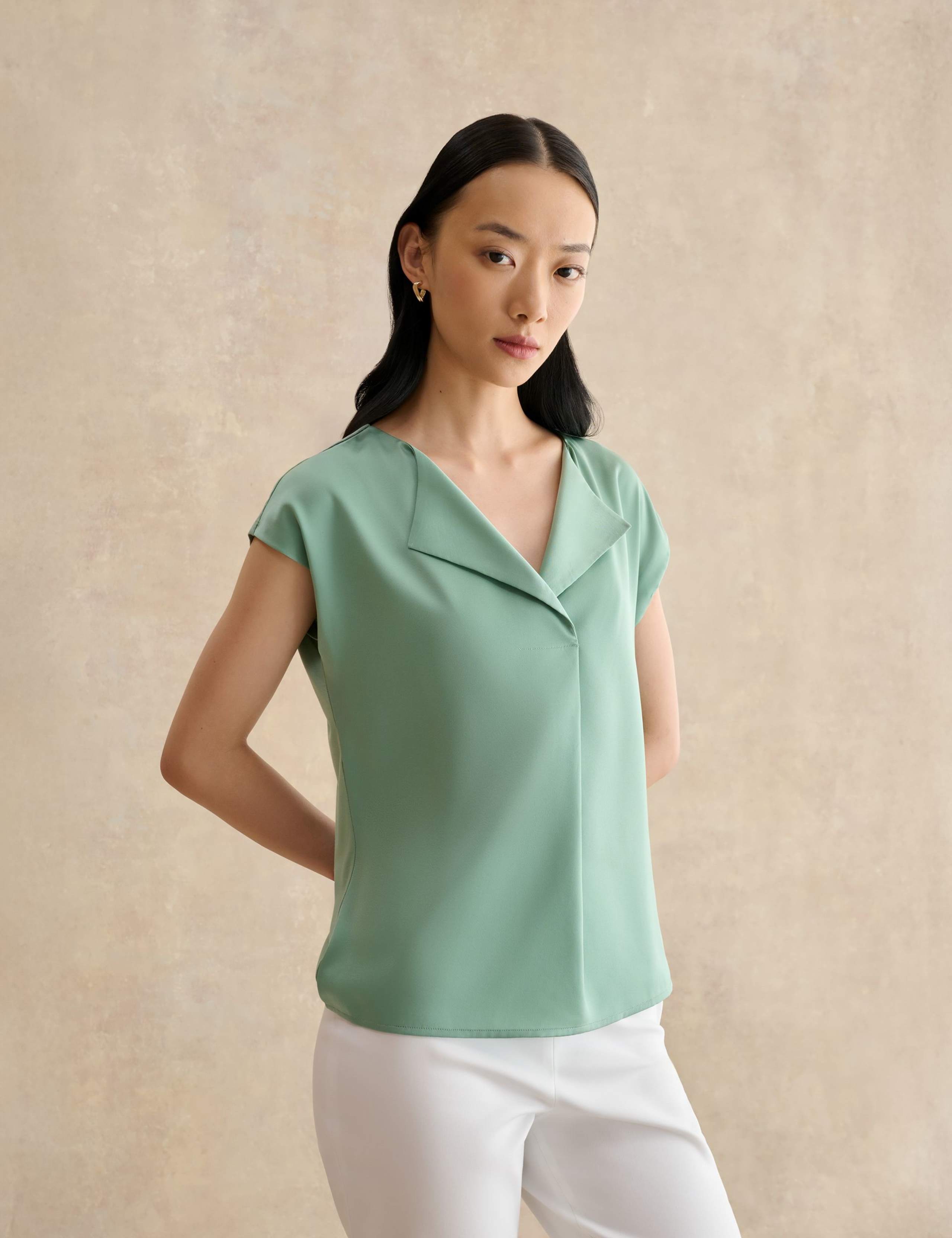 Collarless Cap Sleeve Blouse