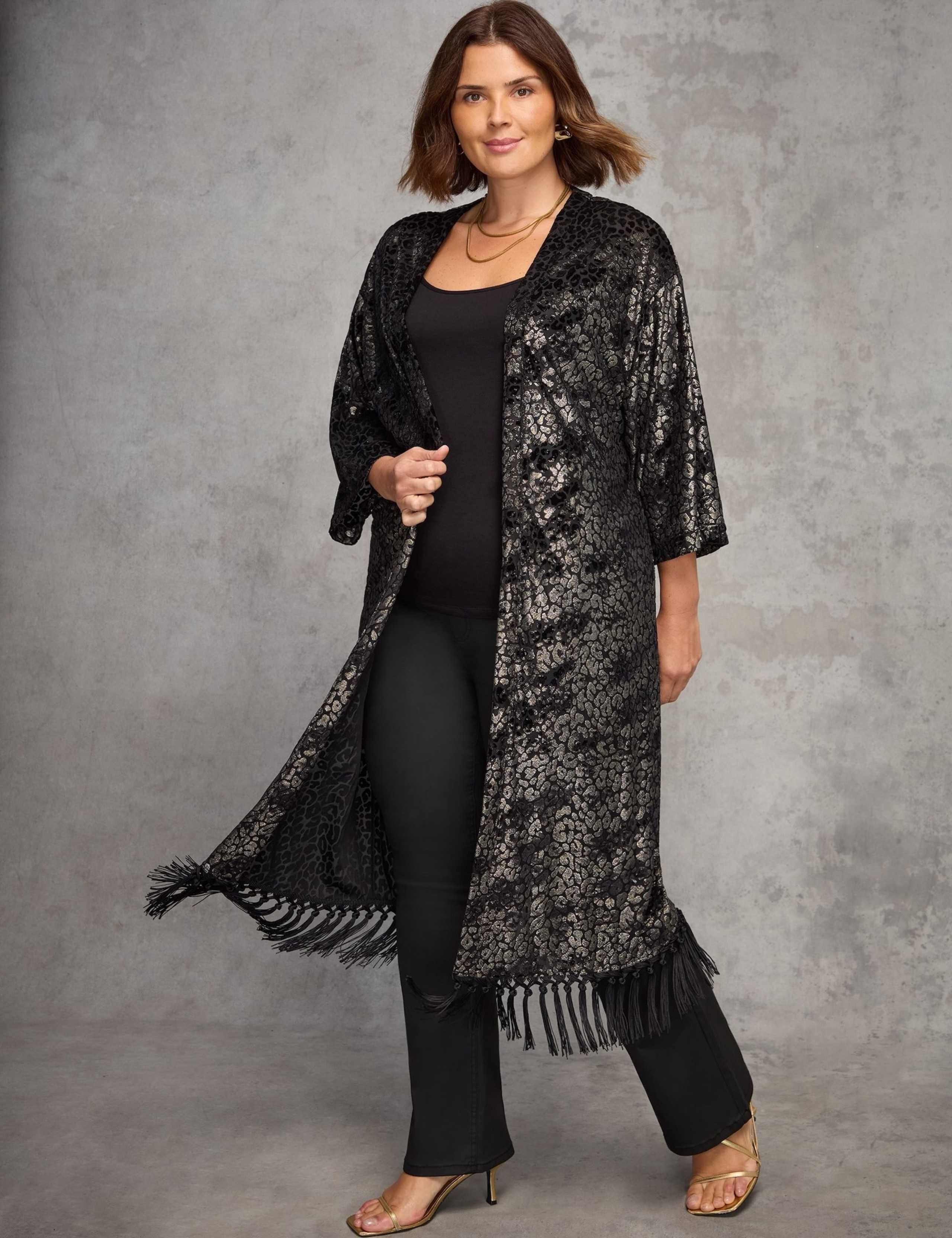 Devoré Jacquard Fringed Longline Kimono