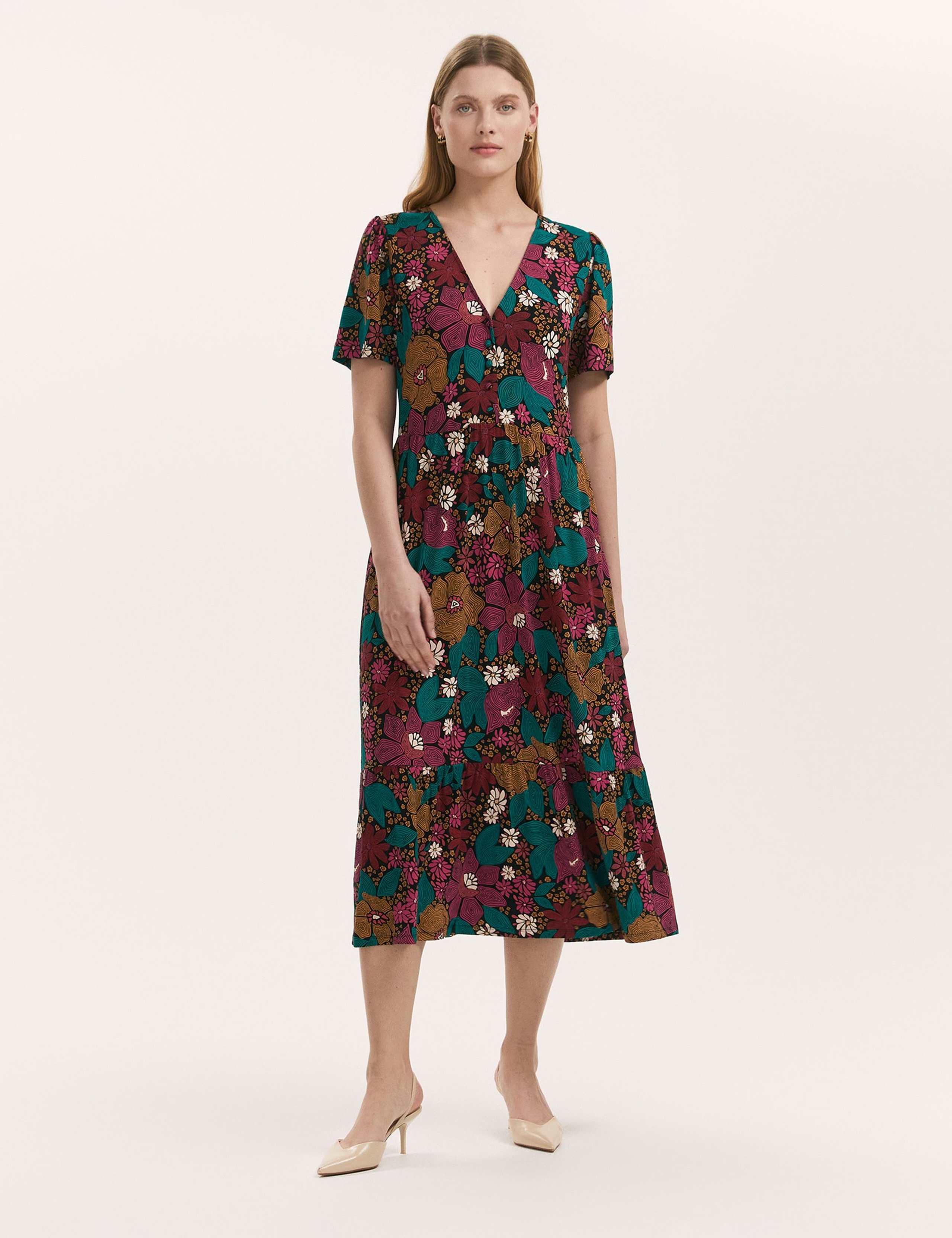 Jersey Floral V-Neck Midi Tiered Dress