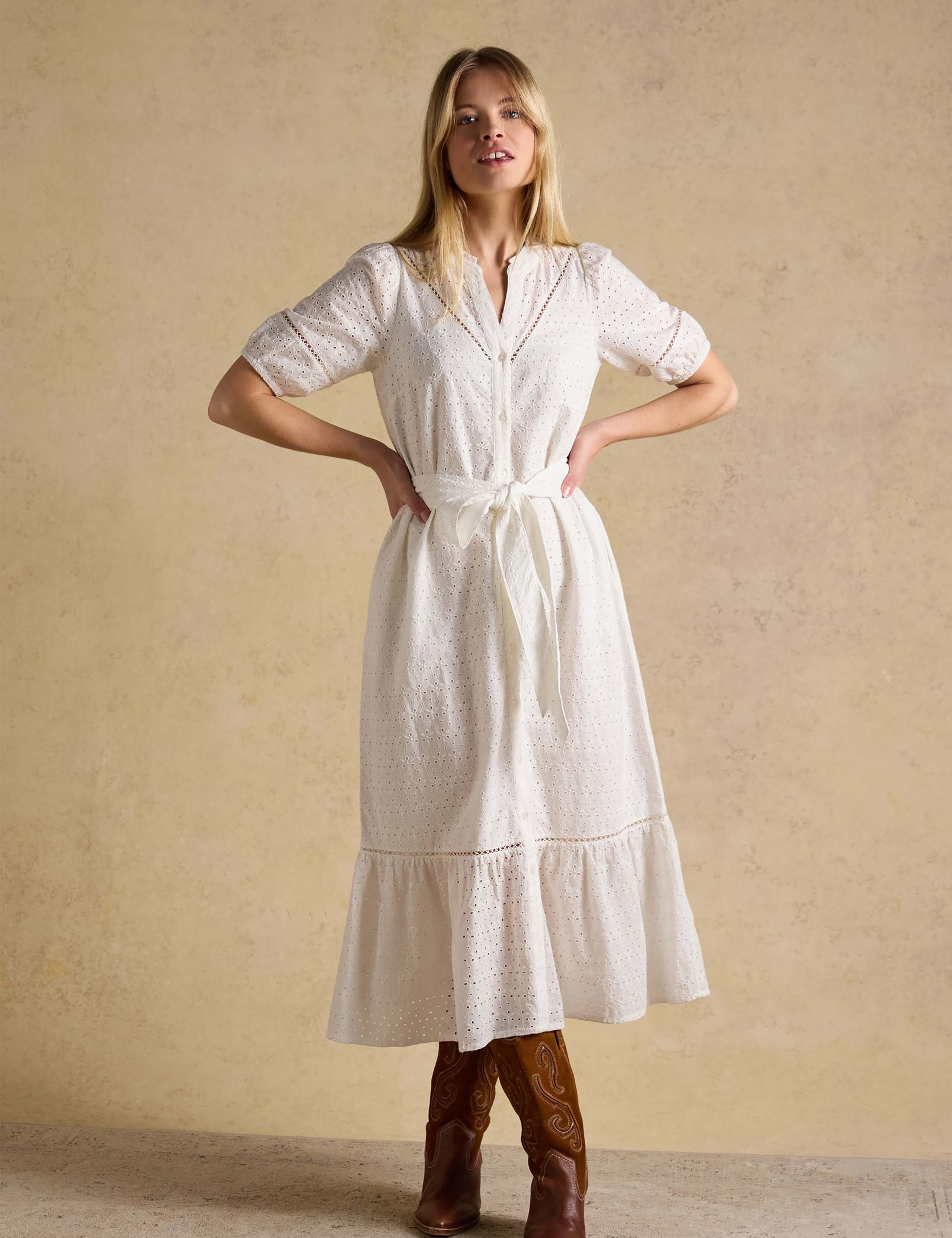 Pure Cotton Broderie V-Neck Midi Shirt Dress