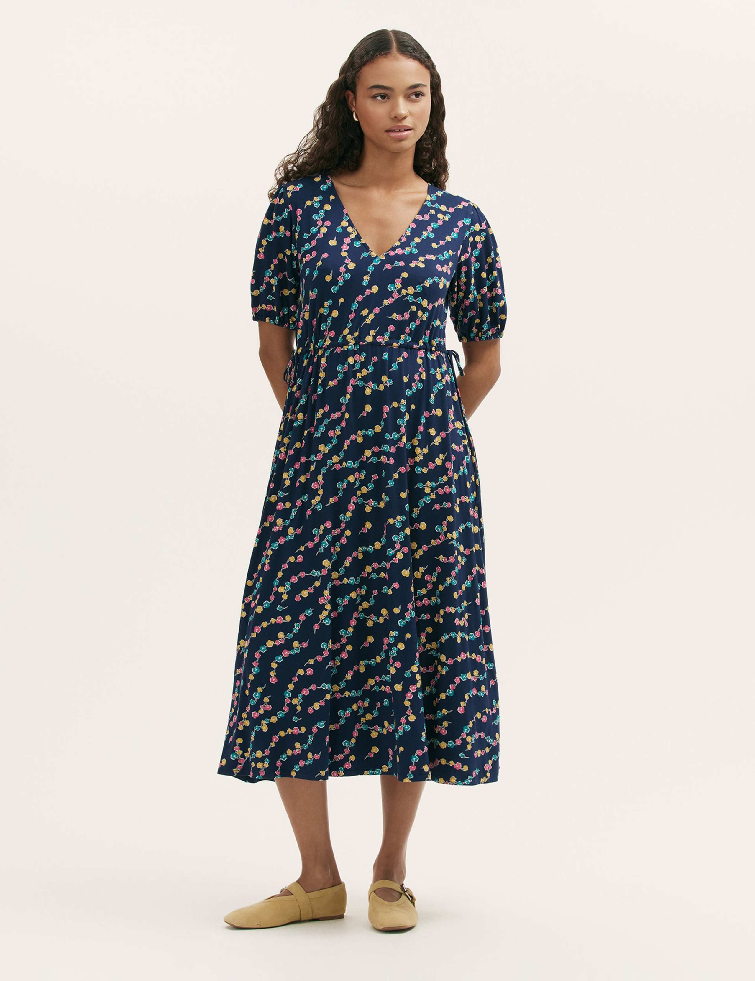 Jersey Floral V-Neck Midi Waisted Dress