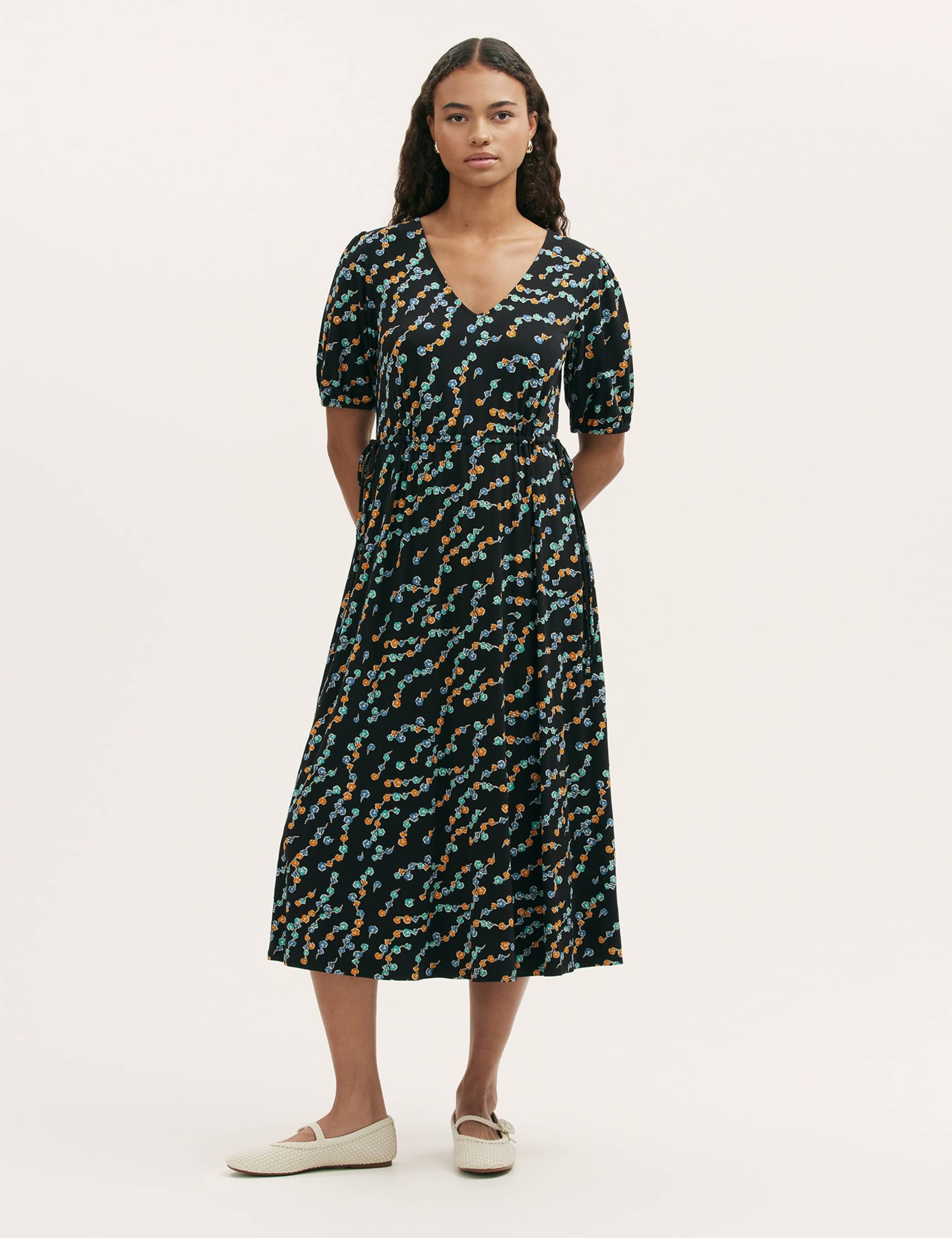 Jersey Floral V-Neck Midi Waisted Dress