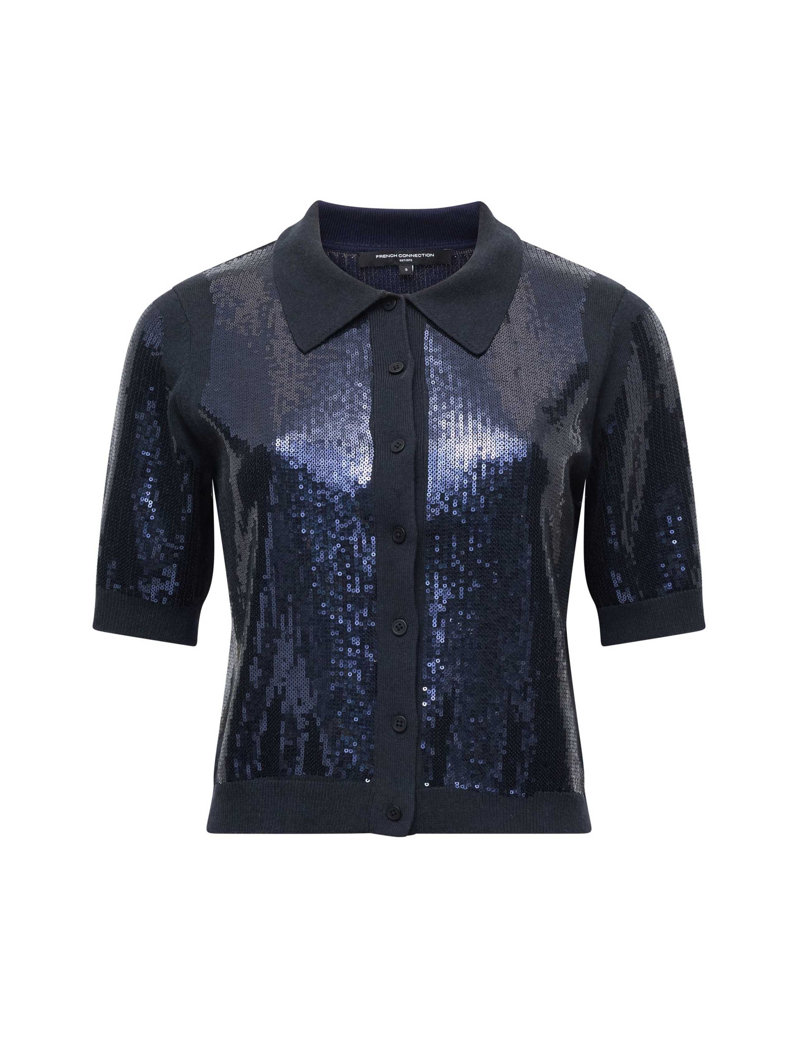 Cotton Blend Sequin Collared Cardigan