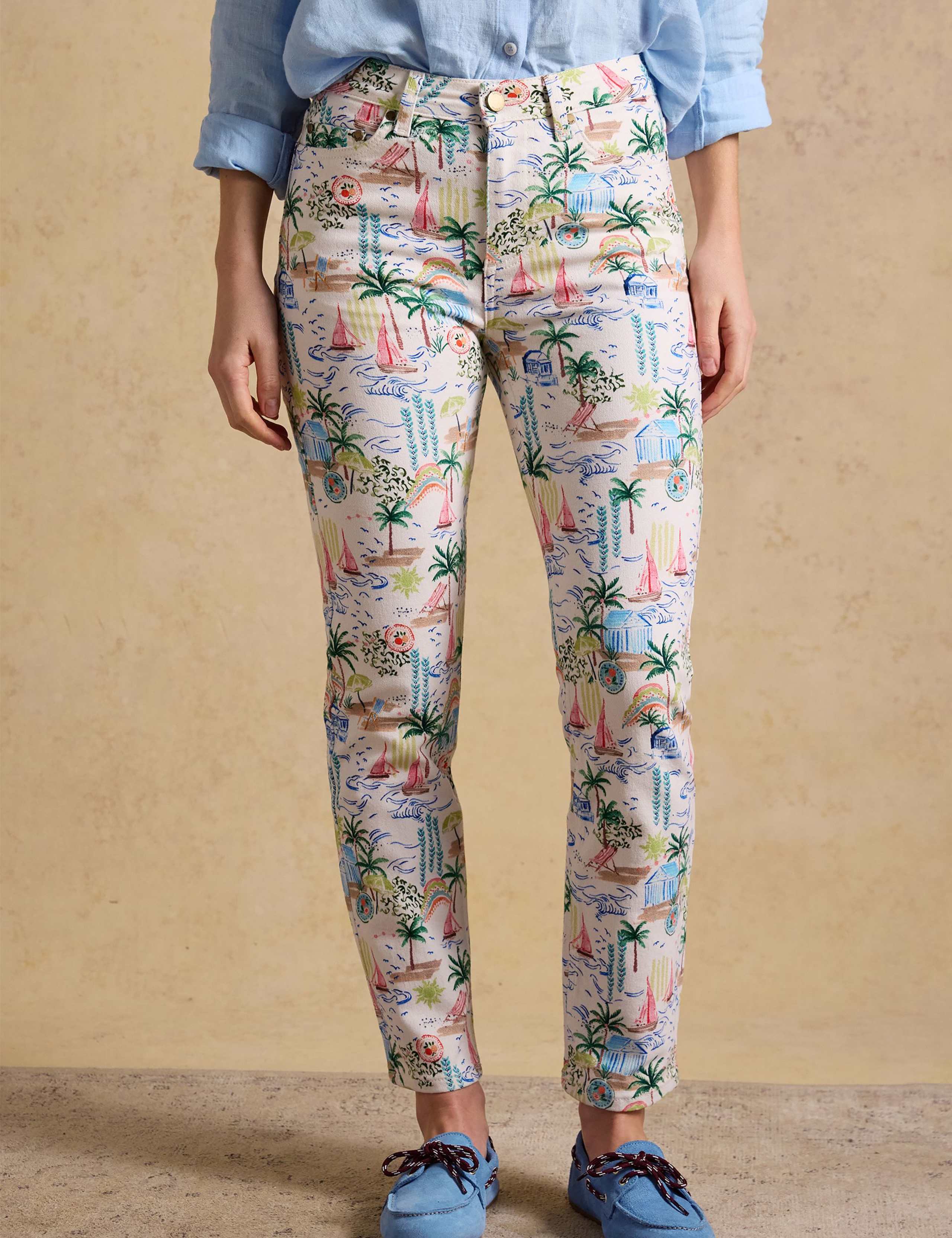 Toile Landscape Print Mid Rise Straight Jeans