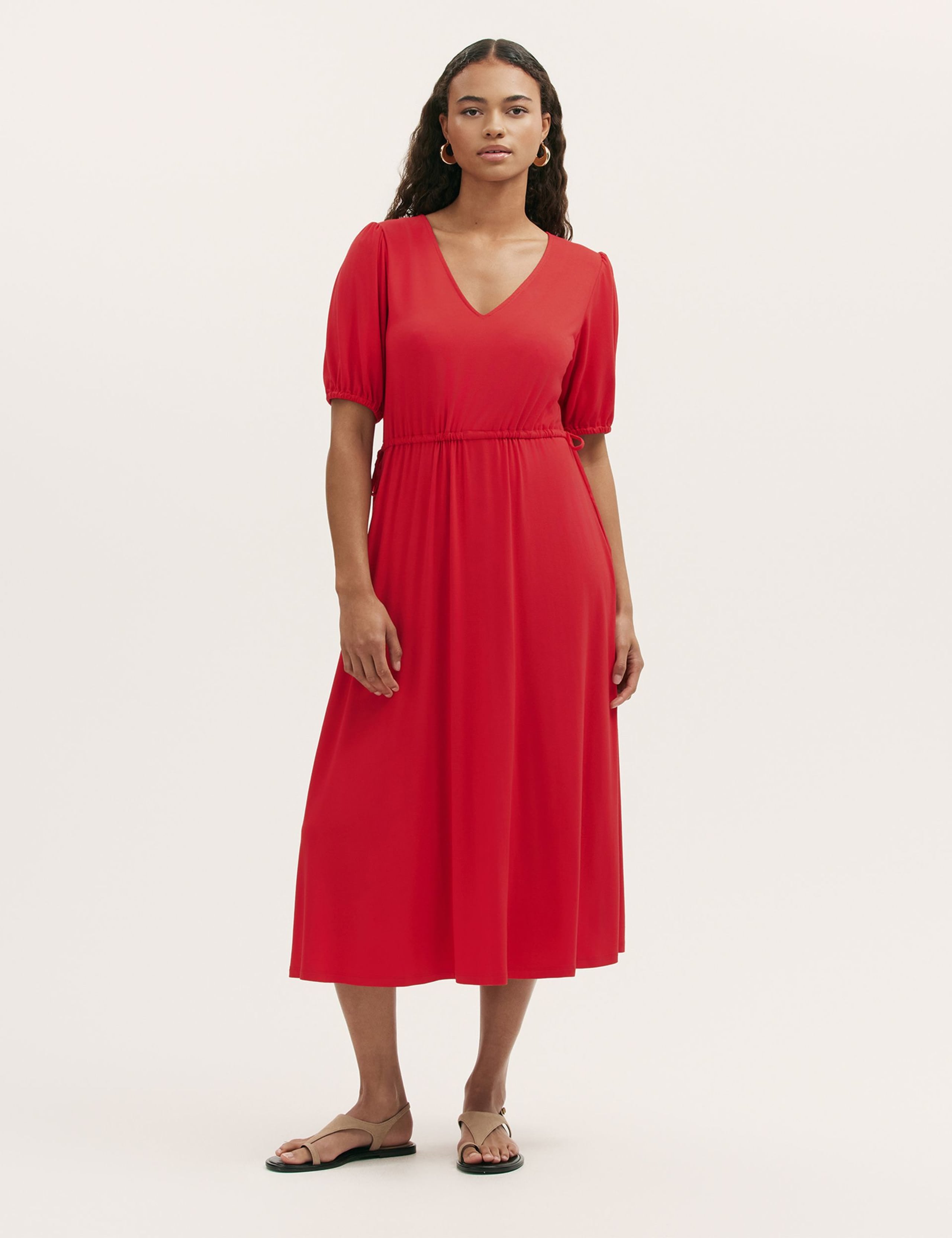Jersey V-Neck Midi Waisted Dress