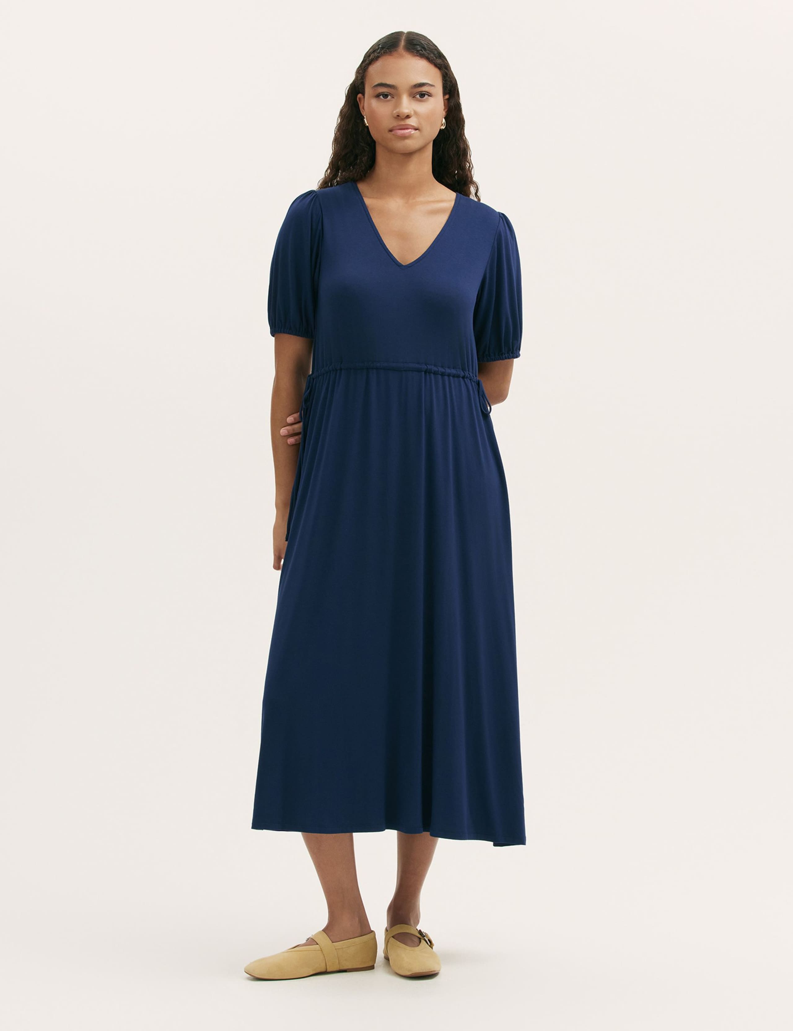 Jersey V-Neck Midi Waisted Dress
