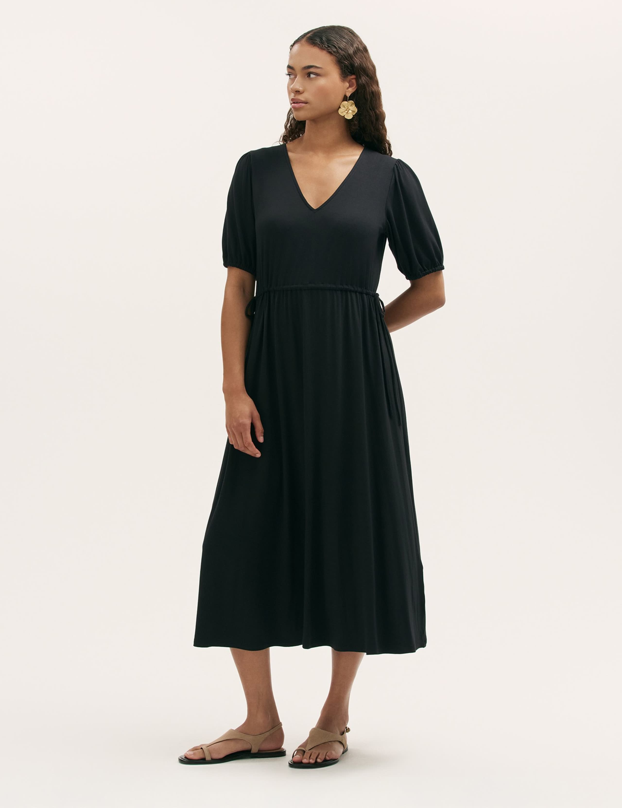 Jersey V-Neck Midi Waisted Dress