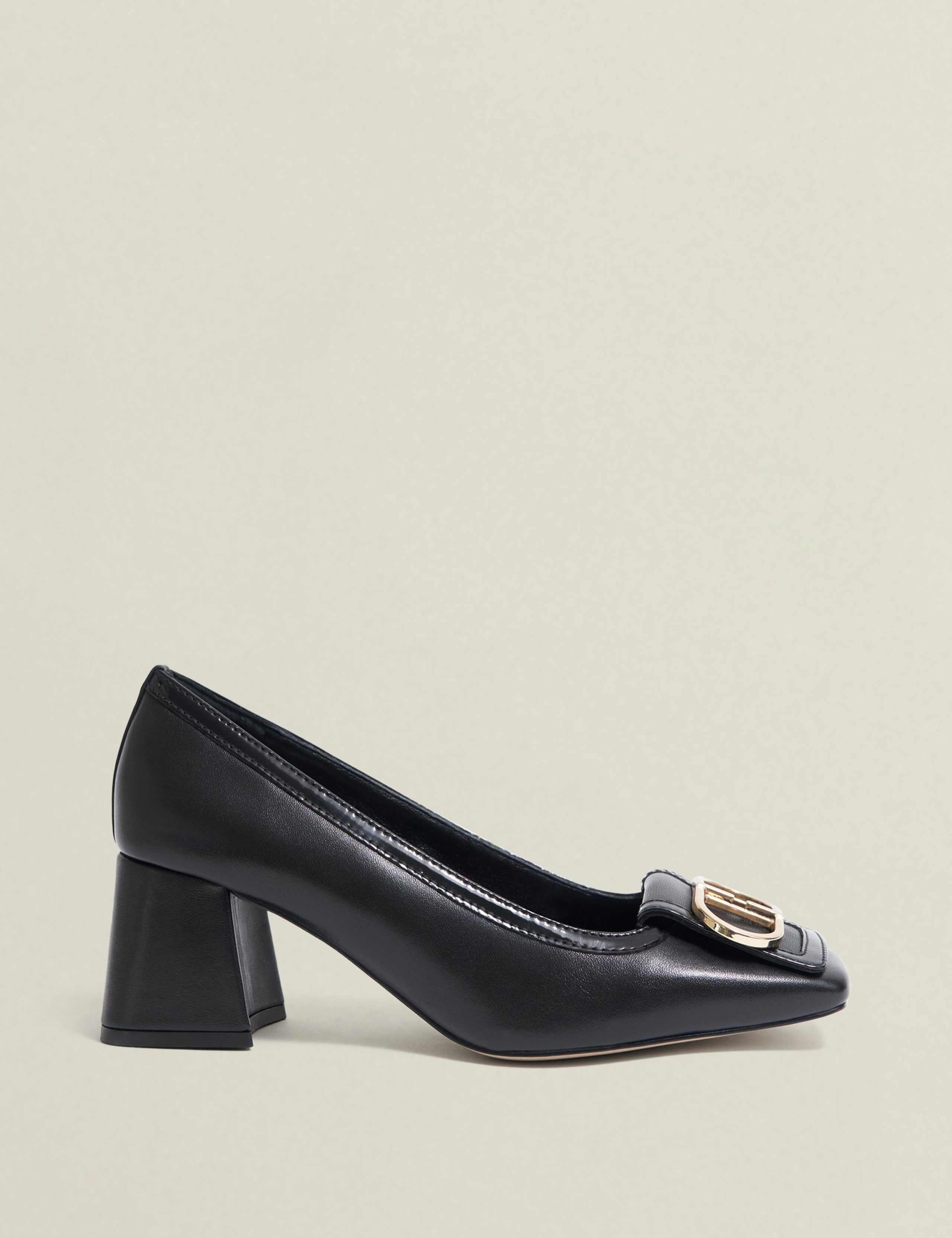 Leather Block Heel Square Toe Court Shoes