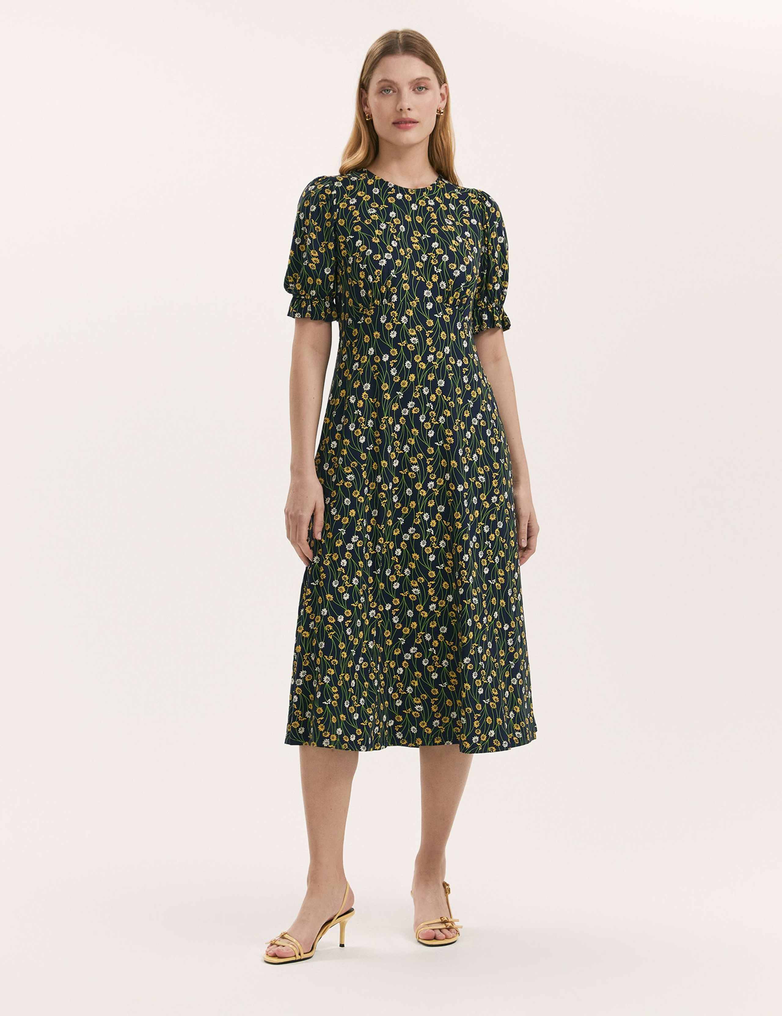 Jersey Floral Puff Sleeve Midi Tea Dress