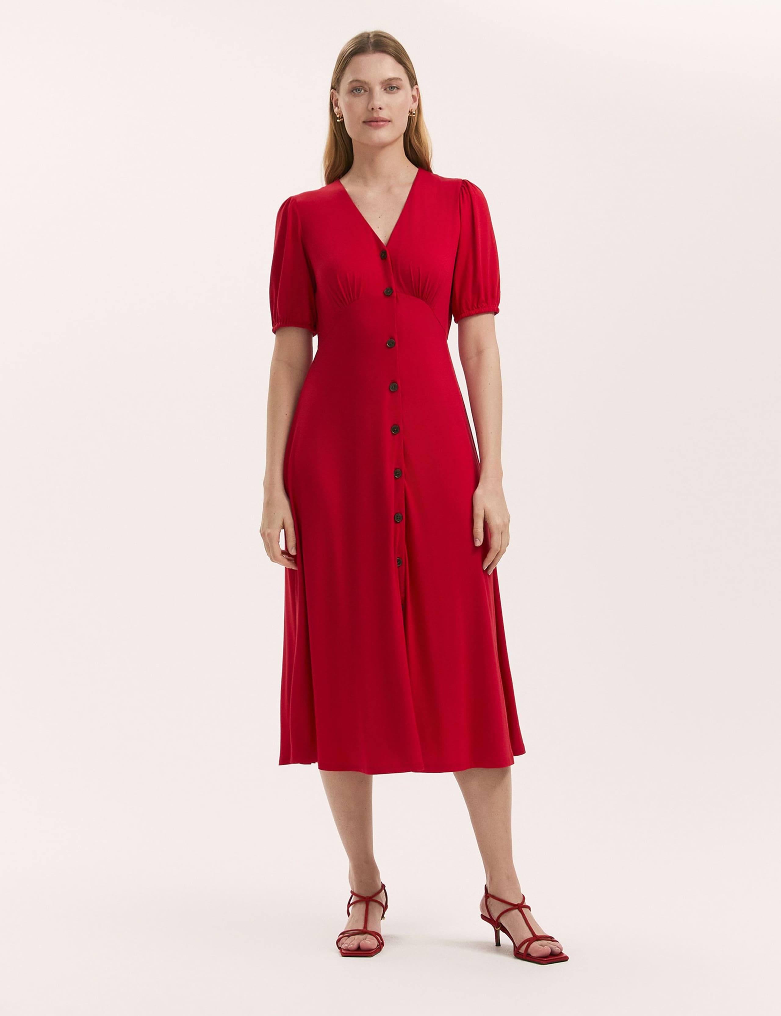 Jersey V-Neck Button Through Empire Line Midi Tea Dress