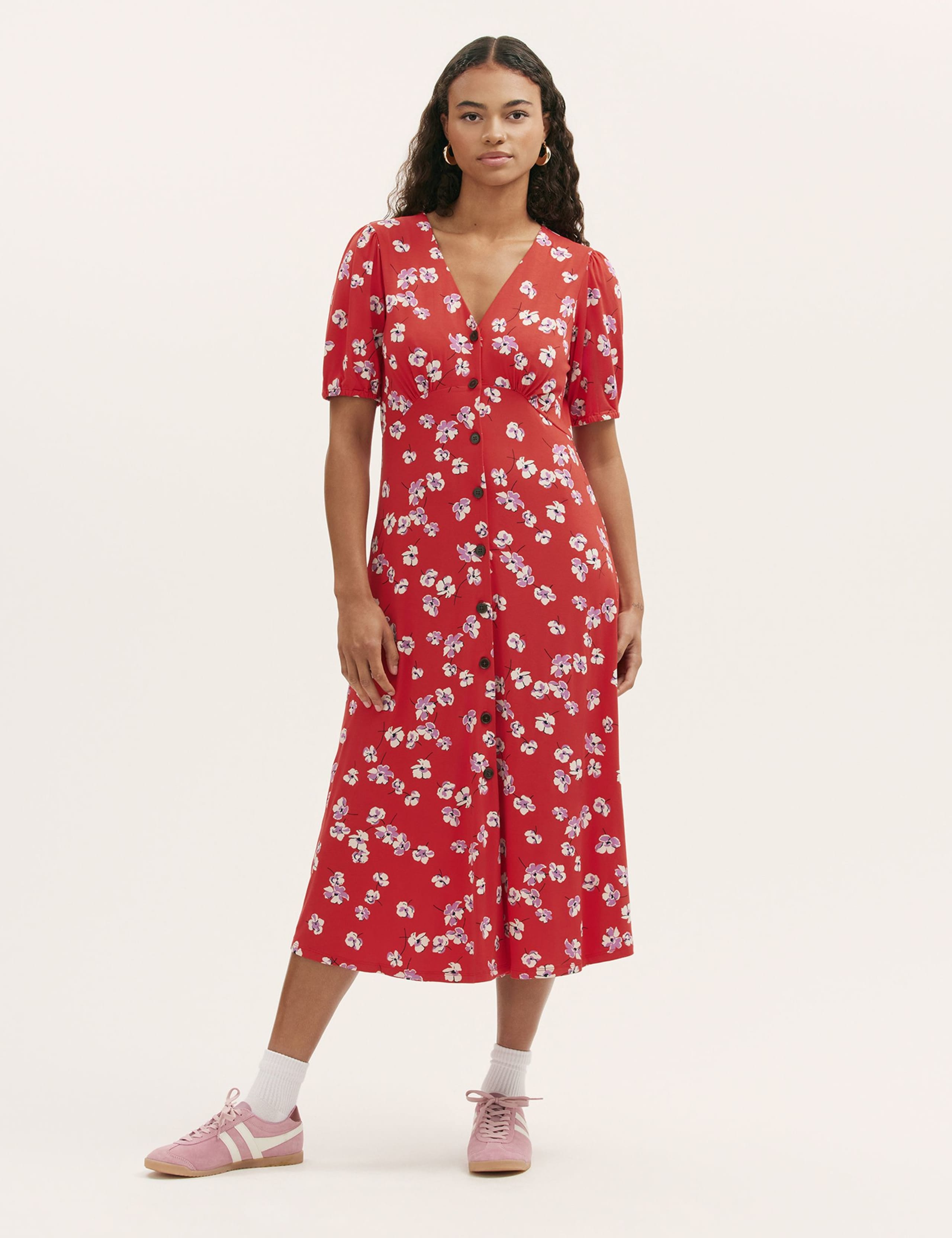 Jersey Floral V-Neck Midi Tea Dress
