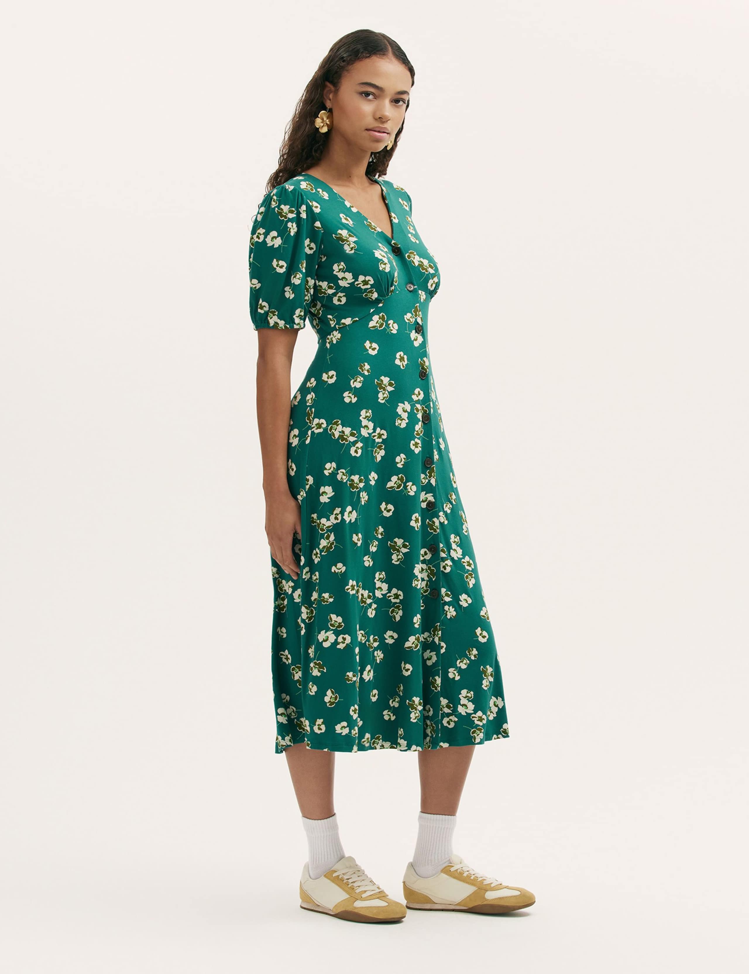 Jersey Floral V-Neck Midi Tea Dress