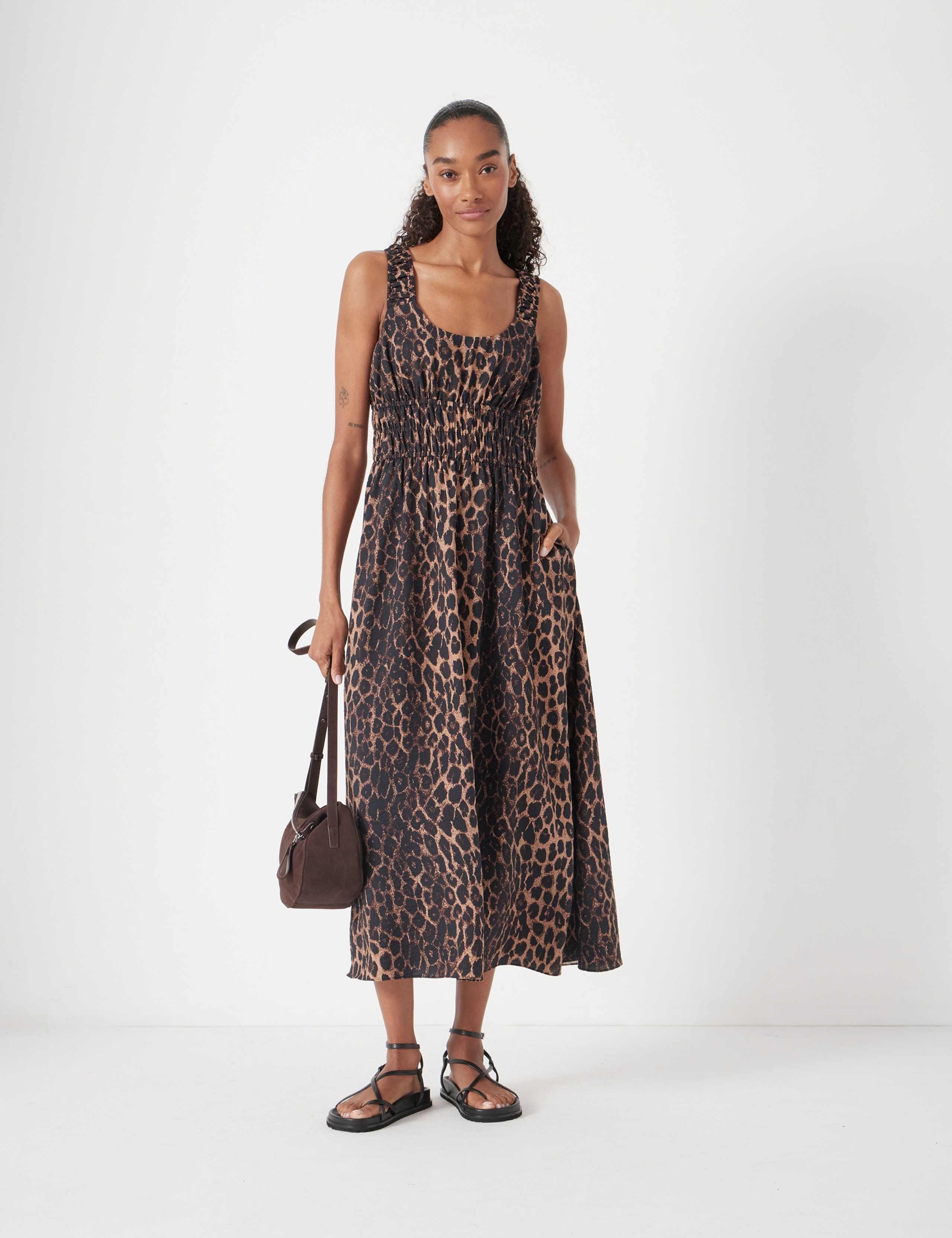 Leopard Print Scoop Neck Midi Waisted Dress