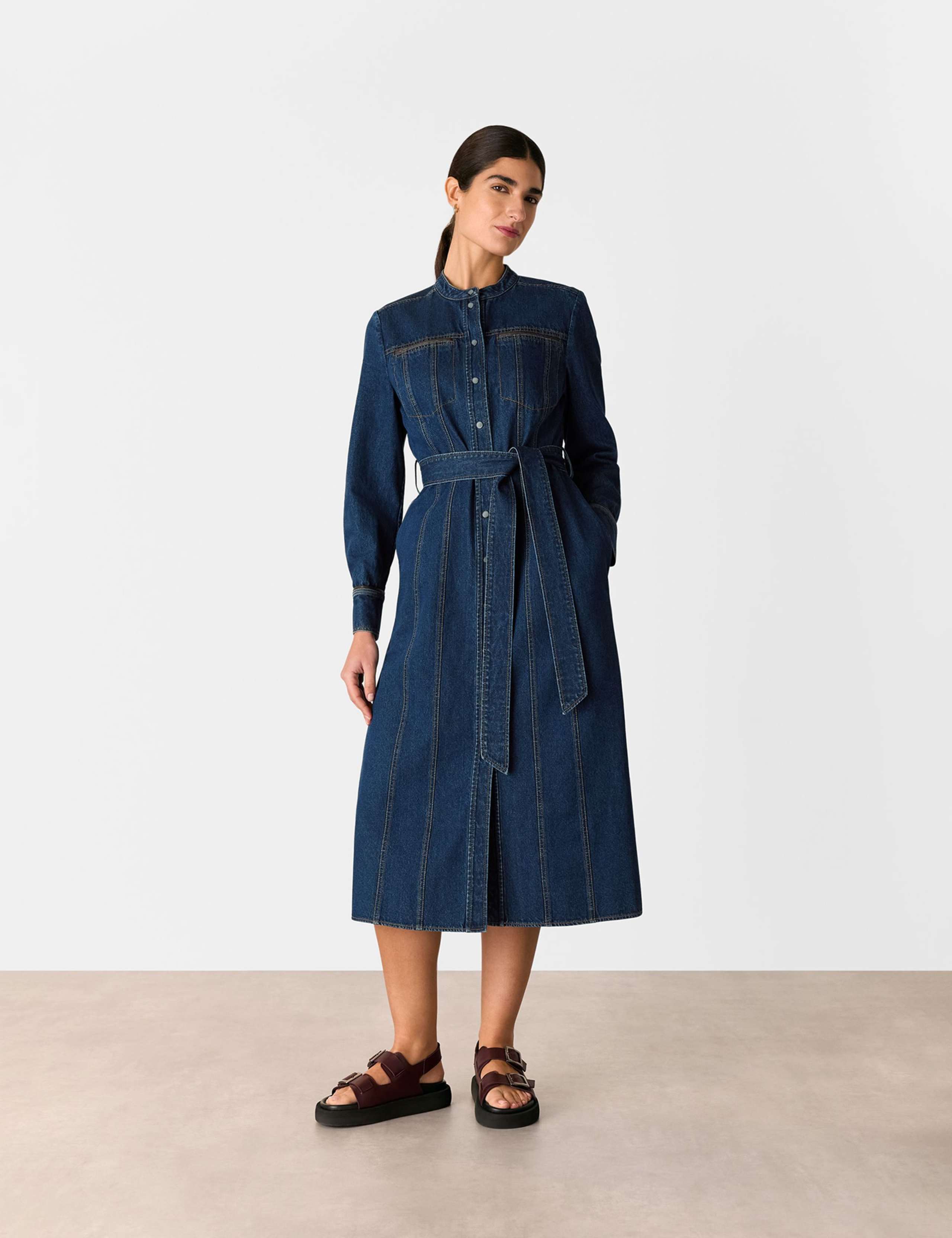 Denim Belted Button Through Midi Waisted Dress