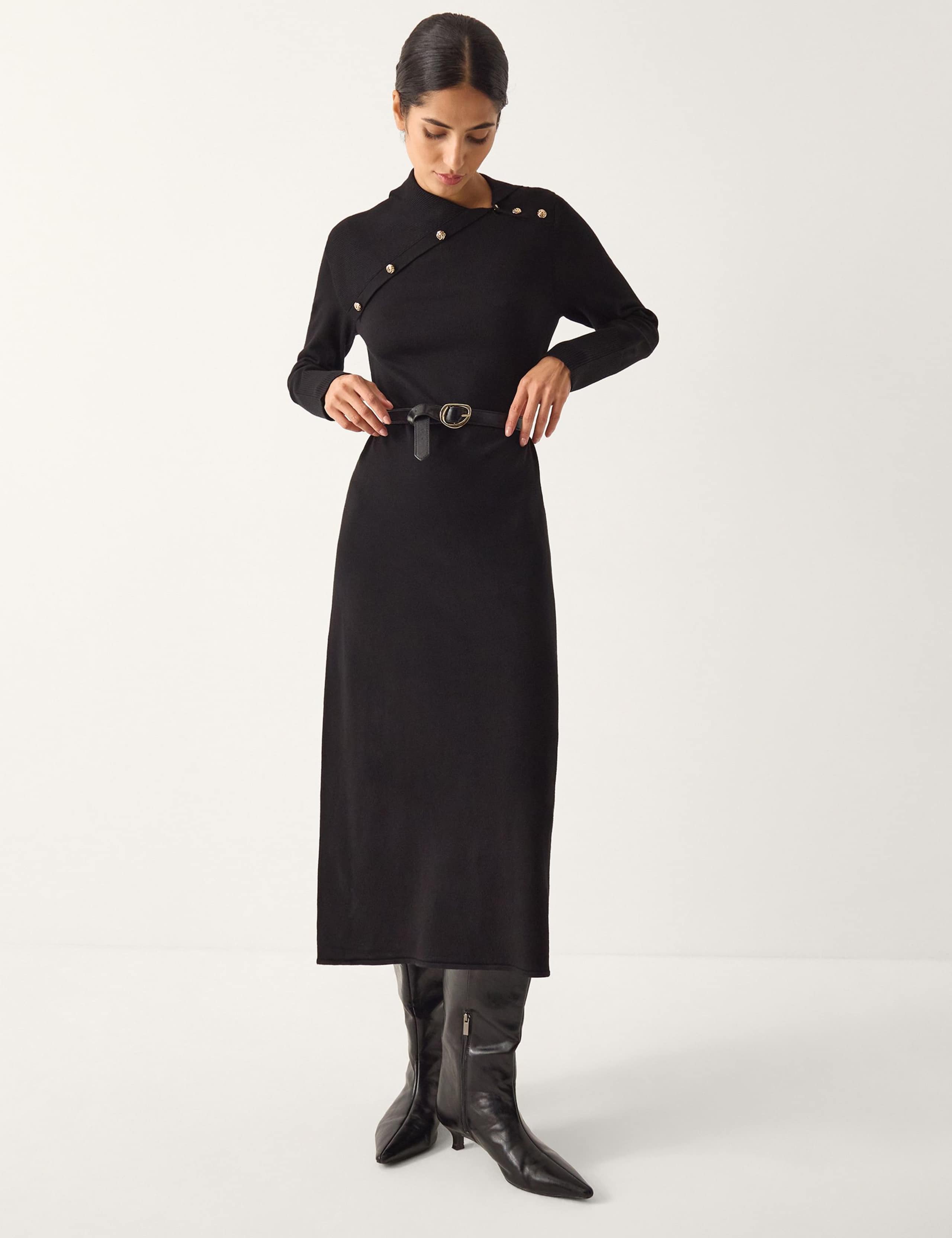 Asymmetric Button Collar Midi Jumper Dress