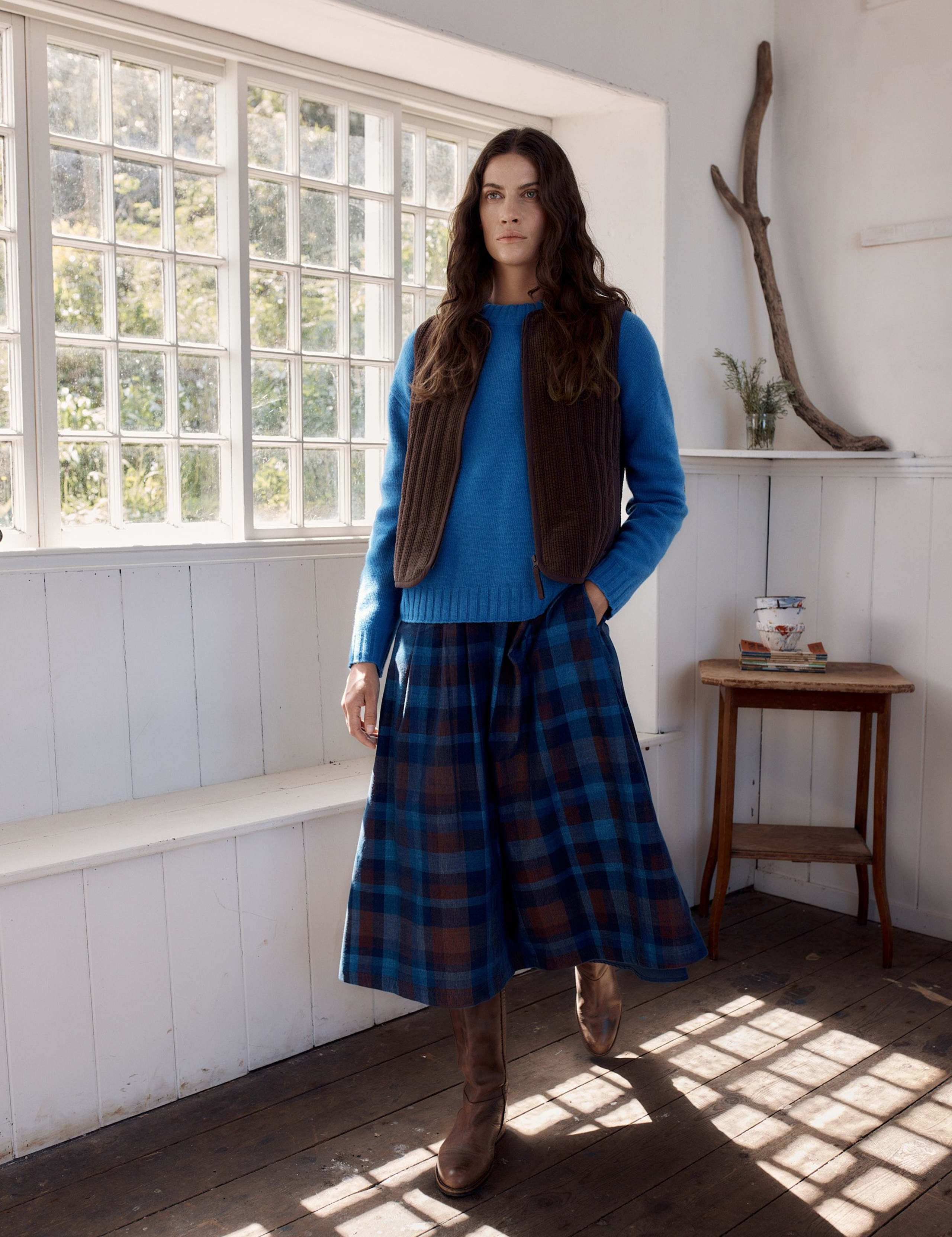 Pure Cotton Checked Midi A-Line Skirt