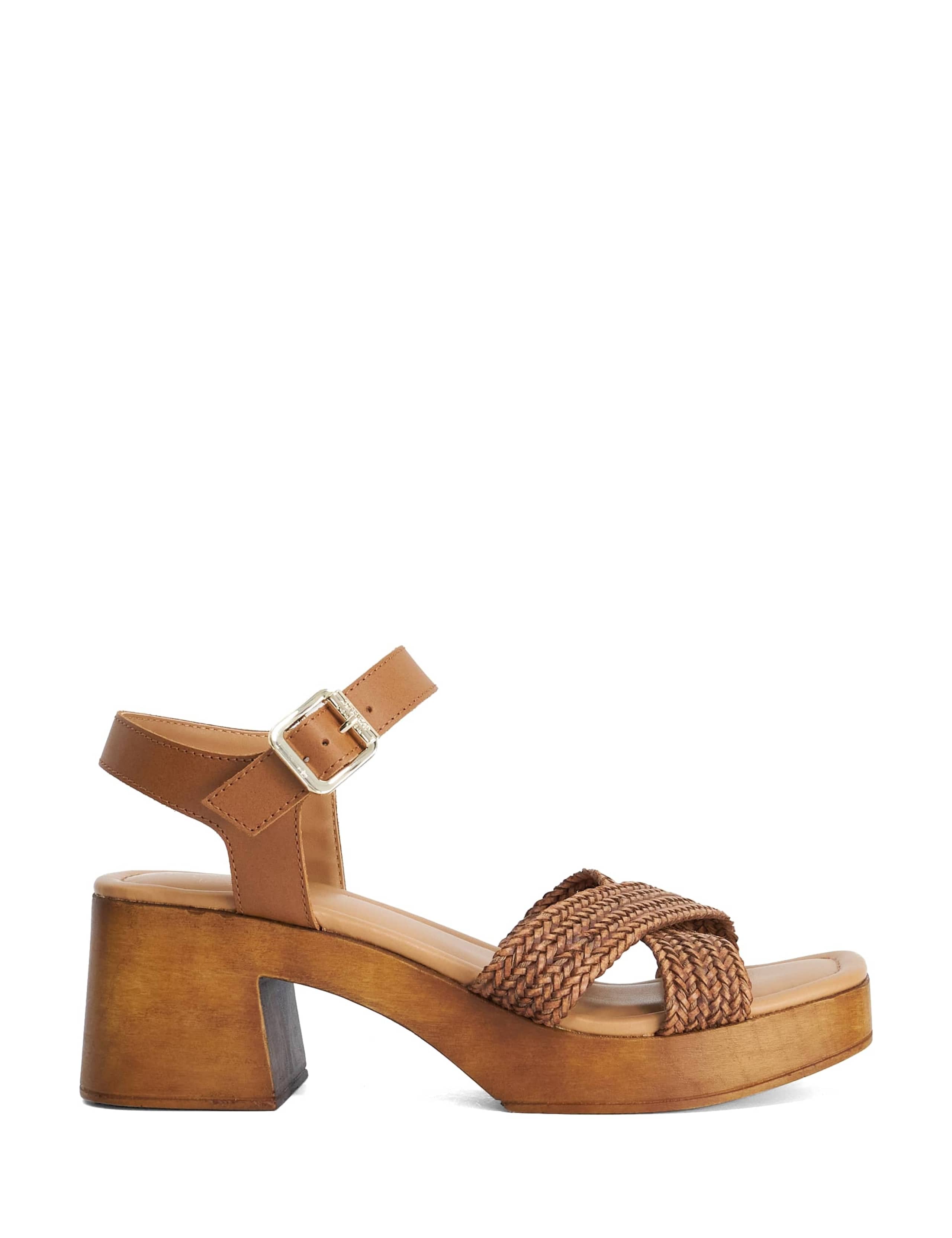 Leather Woven Strap Block Heel Sandals