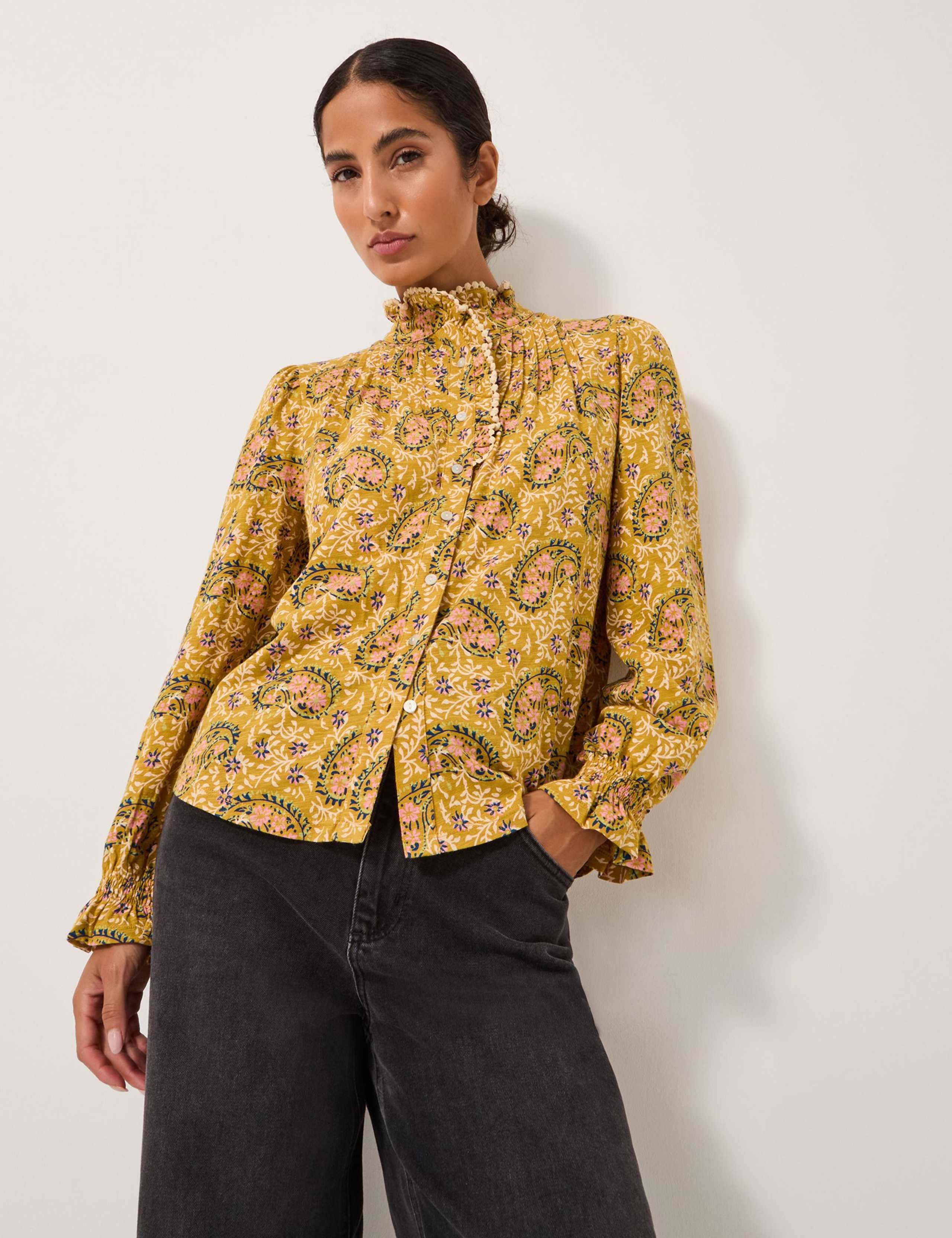 Pure Cotton Jersey Floral High Neck Blouse