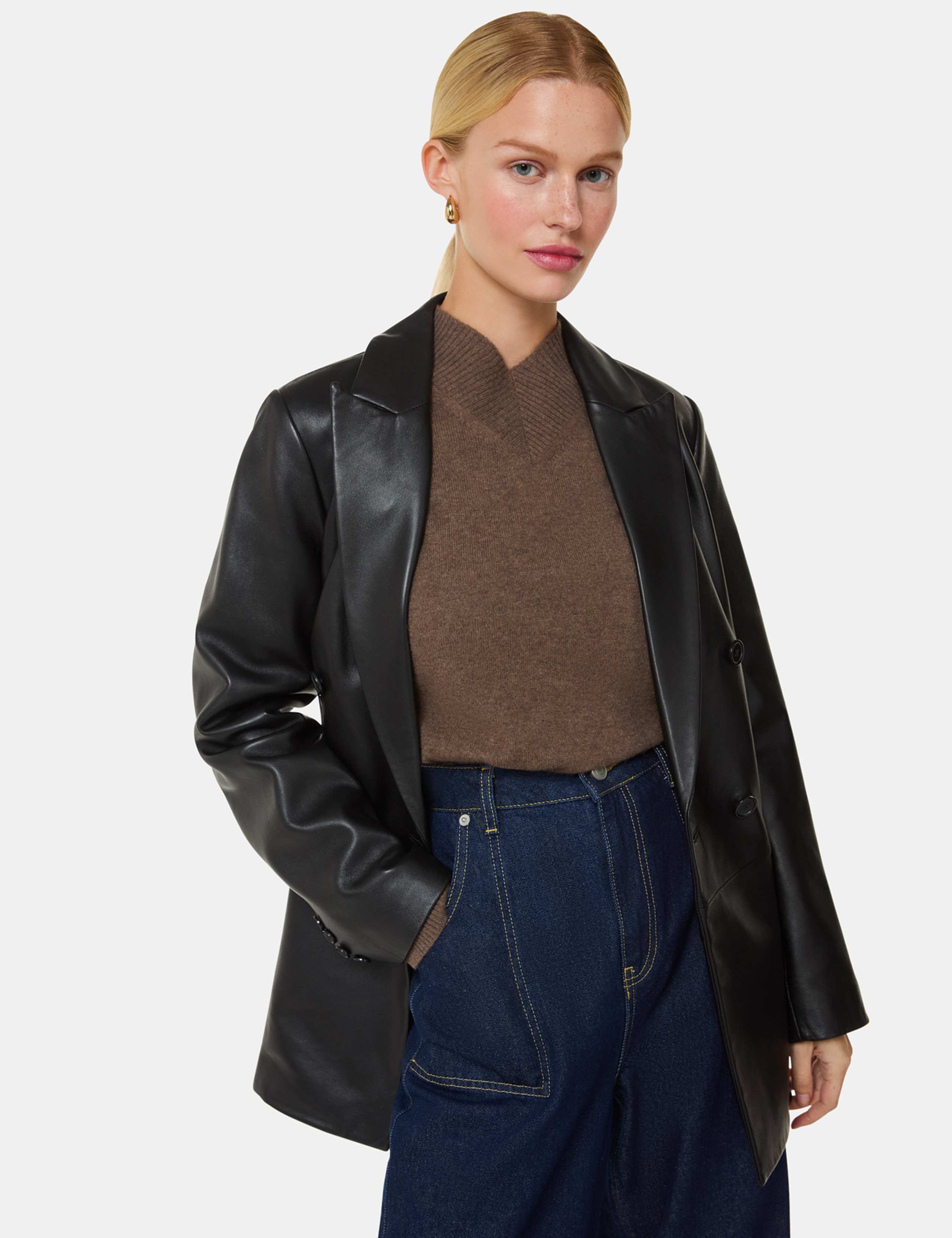 Leather Double Breasted Waisted Blazer